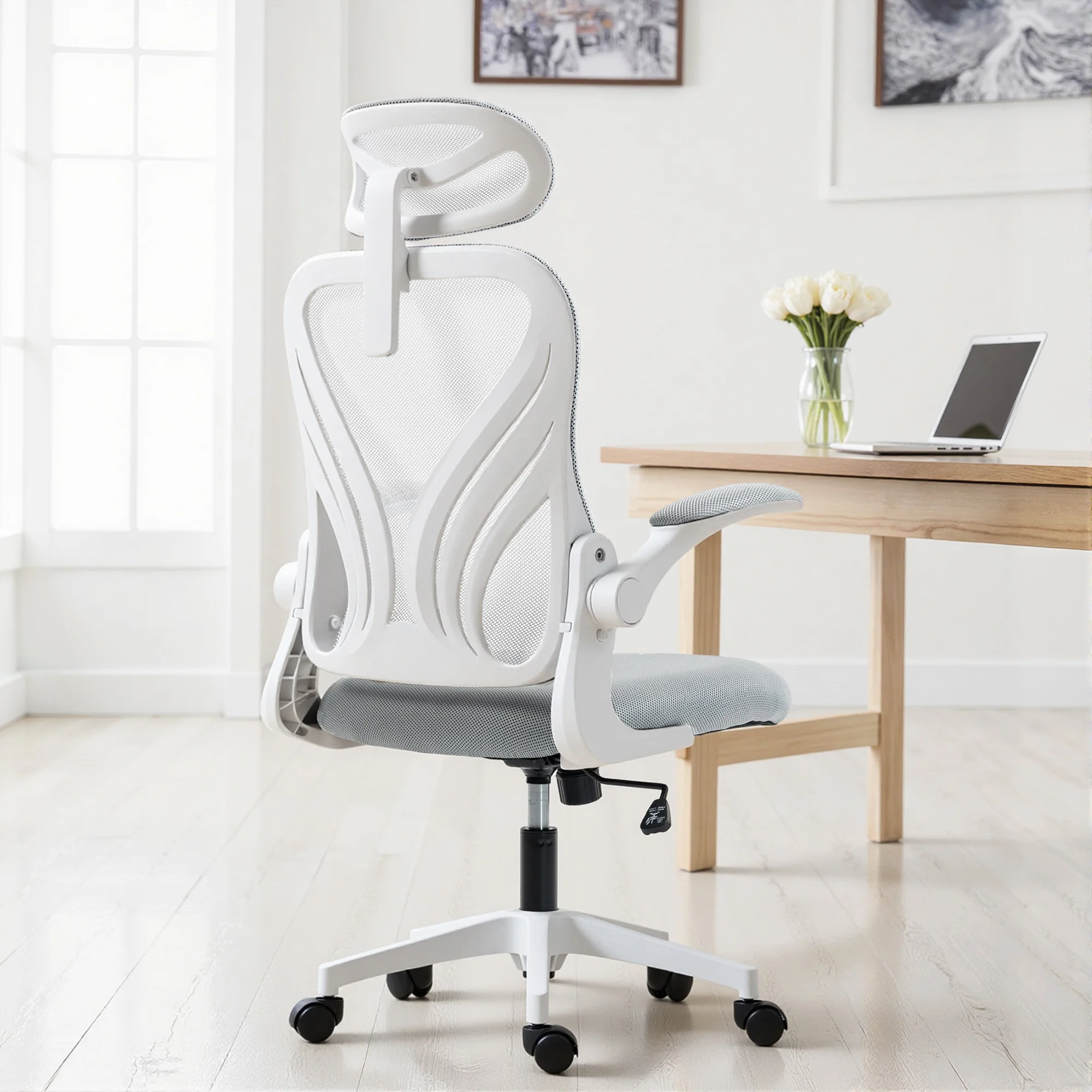Ergonomic Office Chair, High Back Mesh Desk Chair with Foldable Backrest, 2D Headrest, Flip-up Armrest, Lumbar Support, Tilt Function, Swivel Wheels for Home Office, Light Grey - Image 4
