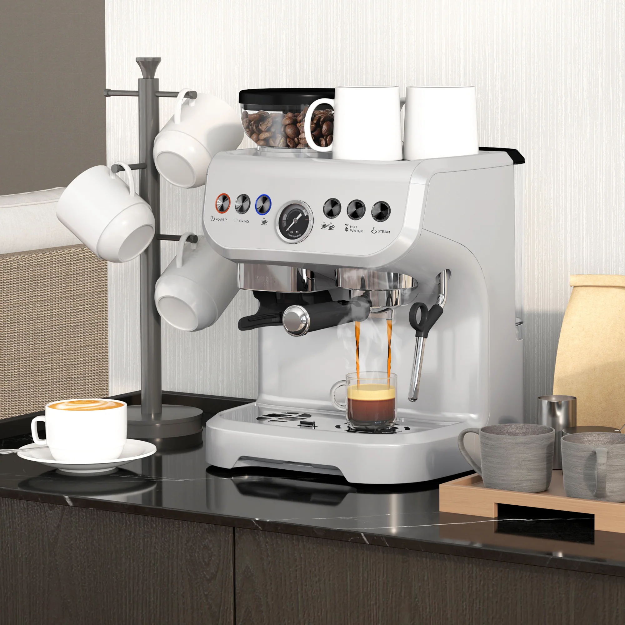 Espresso Machine with Integrated Bean Grinder & Steam Wand, Stainless Steel Silver - Image 3
