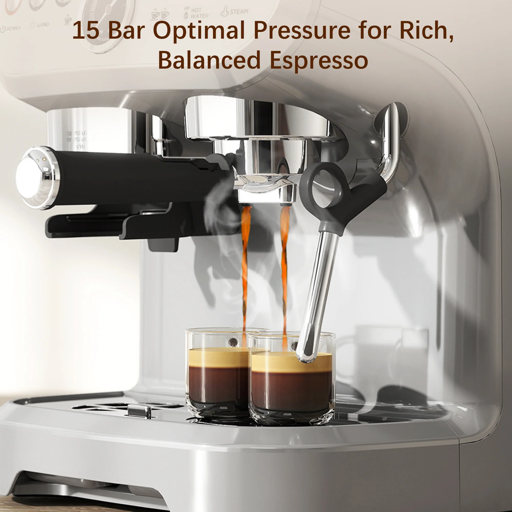Espresso Machine with Integrated Bean Grinder & Steam Wand, Stainless Steel Silver - Image 6