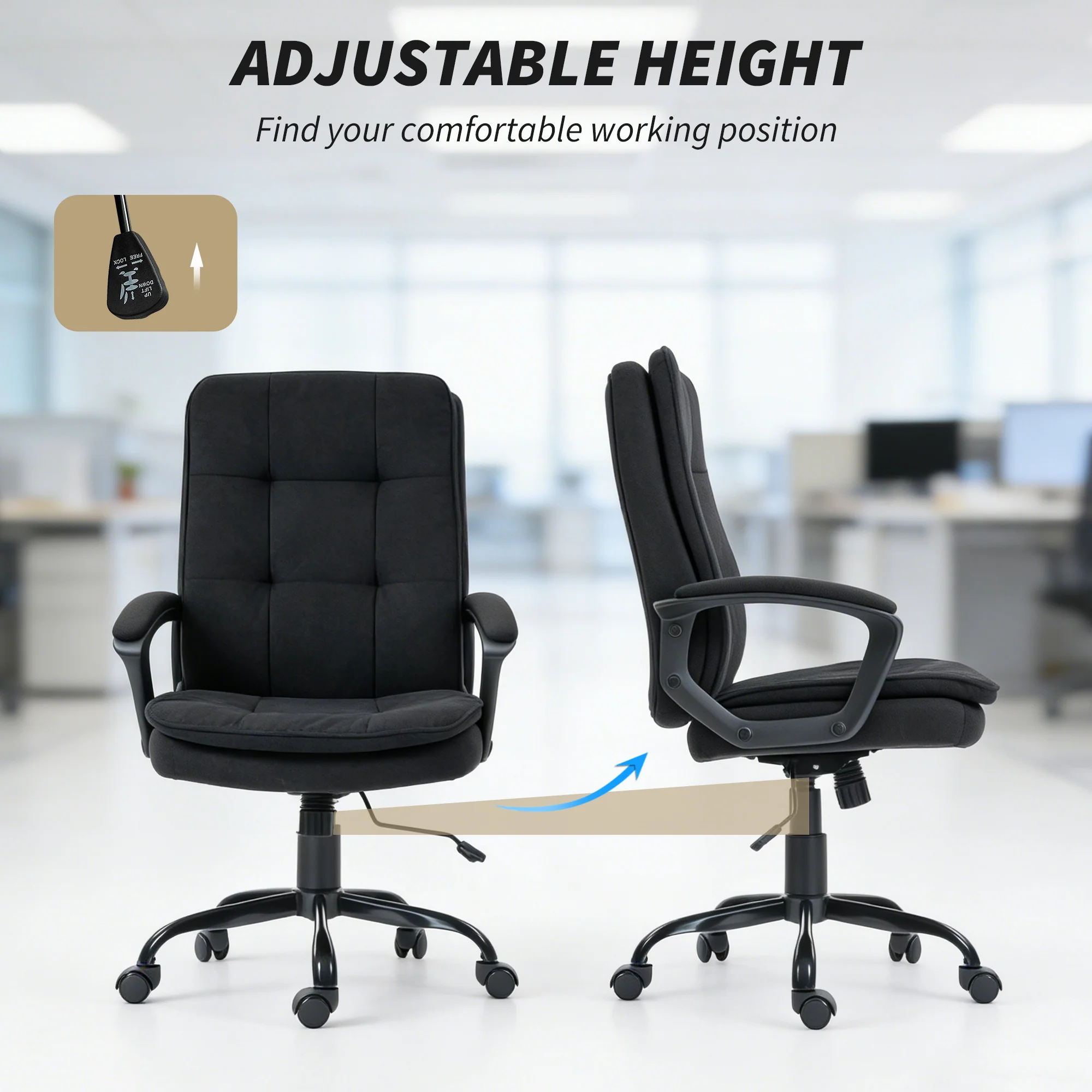Executive Office Chair, Fabric Computer Desk Chair with Dual-Layer Padding, Adjustable Height, Armrests, Tilt Function, Swivel Wheels for Home Office, Study, Black - Image 9
