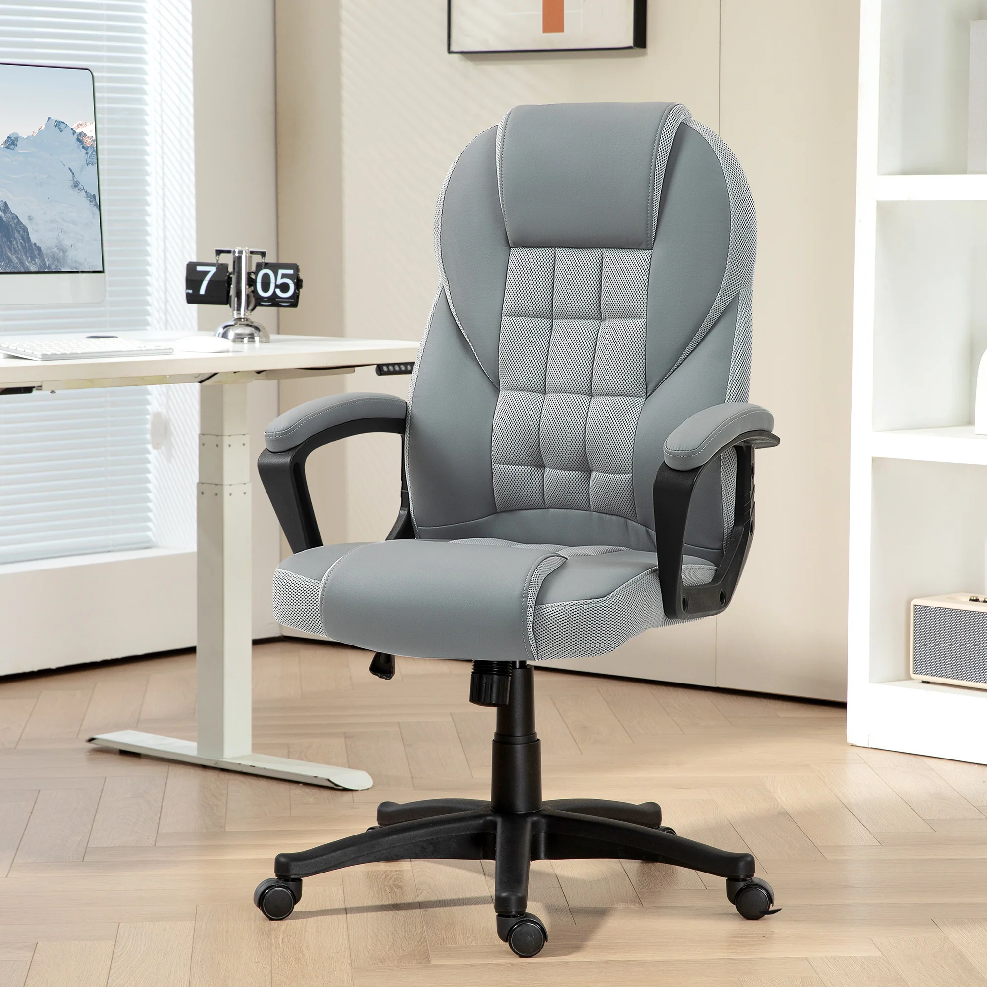 PU Leather Desk Chair, Swivel Computer Chair w/ Adjustable Height and Tilt Function, Grey - Image 3