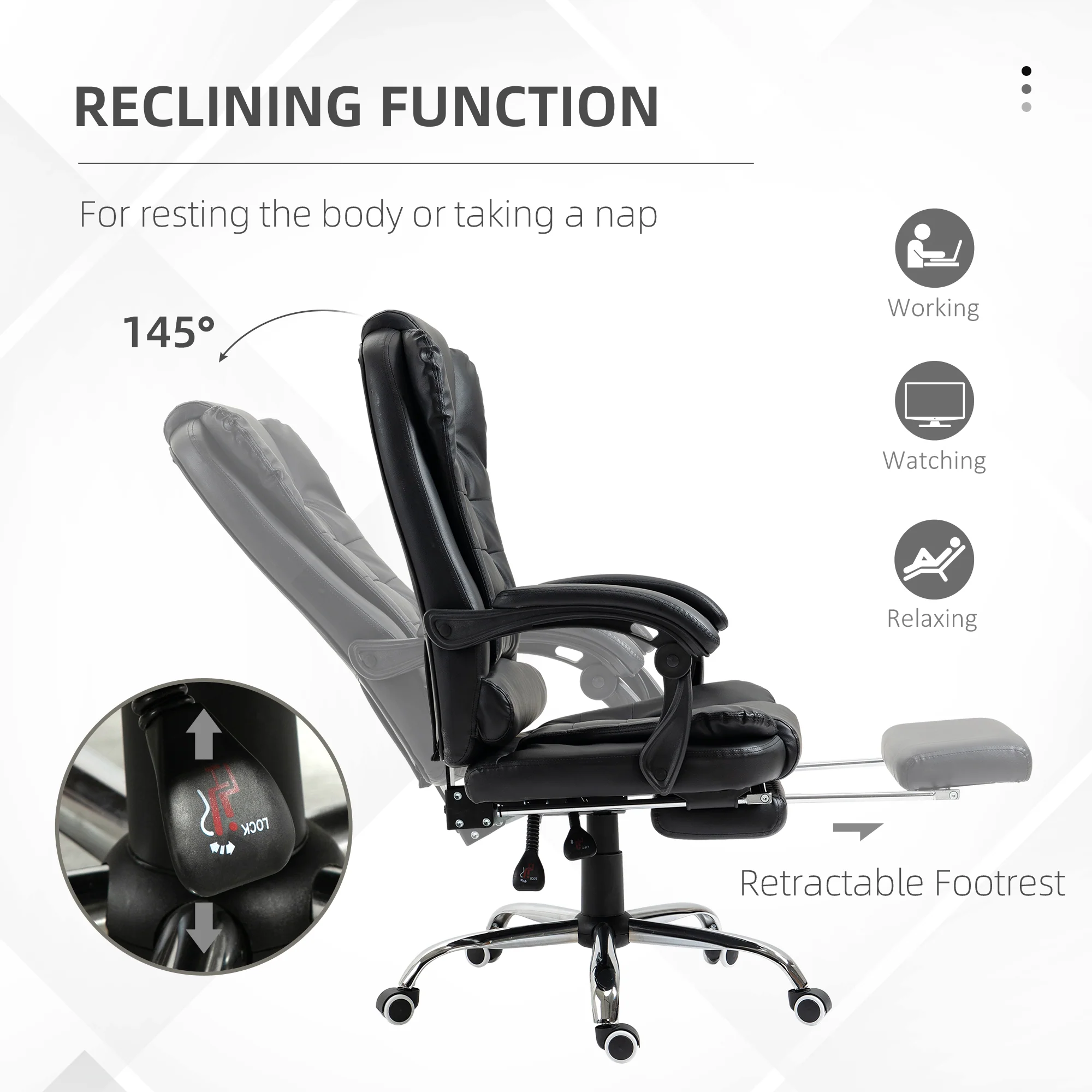 Executive Office Chair, PU Leather Home Desk Chair with Reclining Back & Footrest, Black - Image 7
