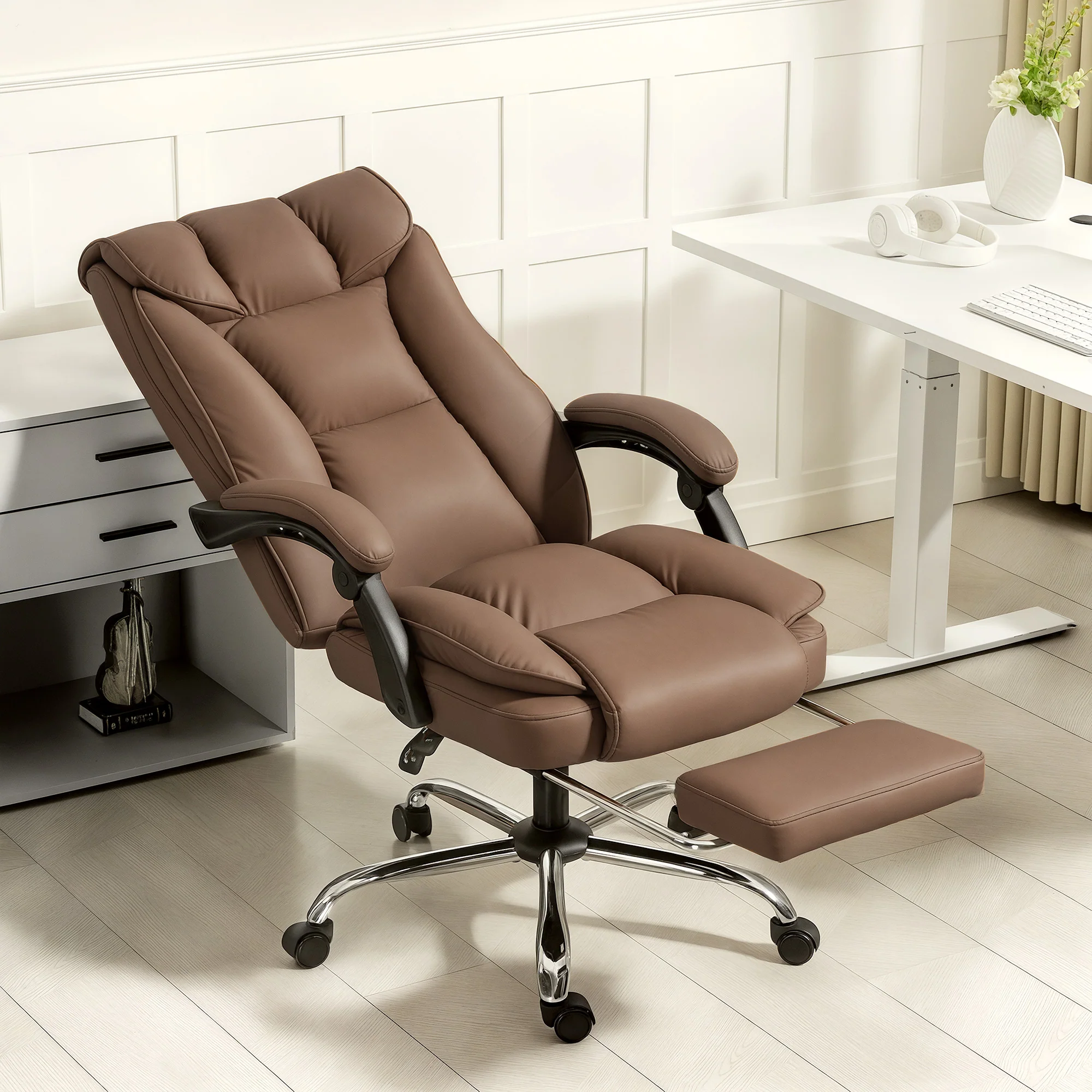 Executive Office Chair with Footrest, Pet-Friendly Faux Leather Comfort, Brown - Image 4