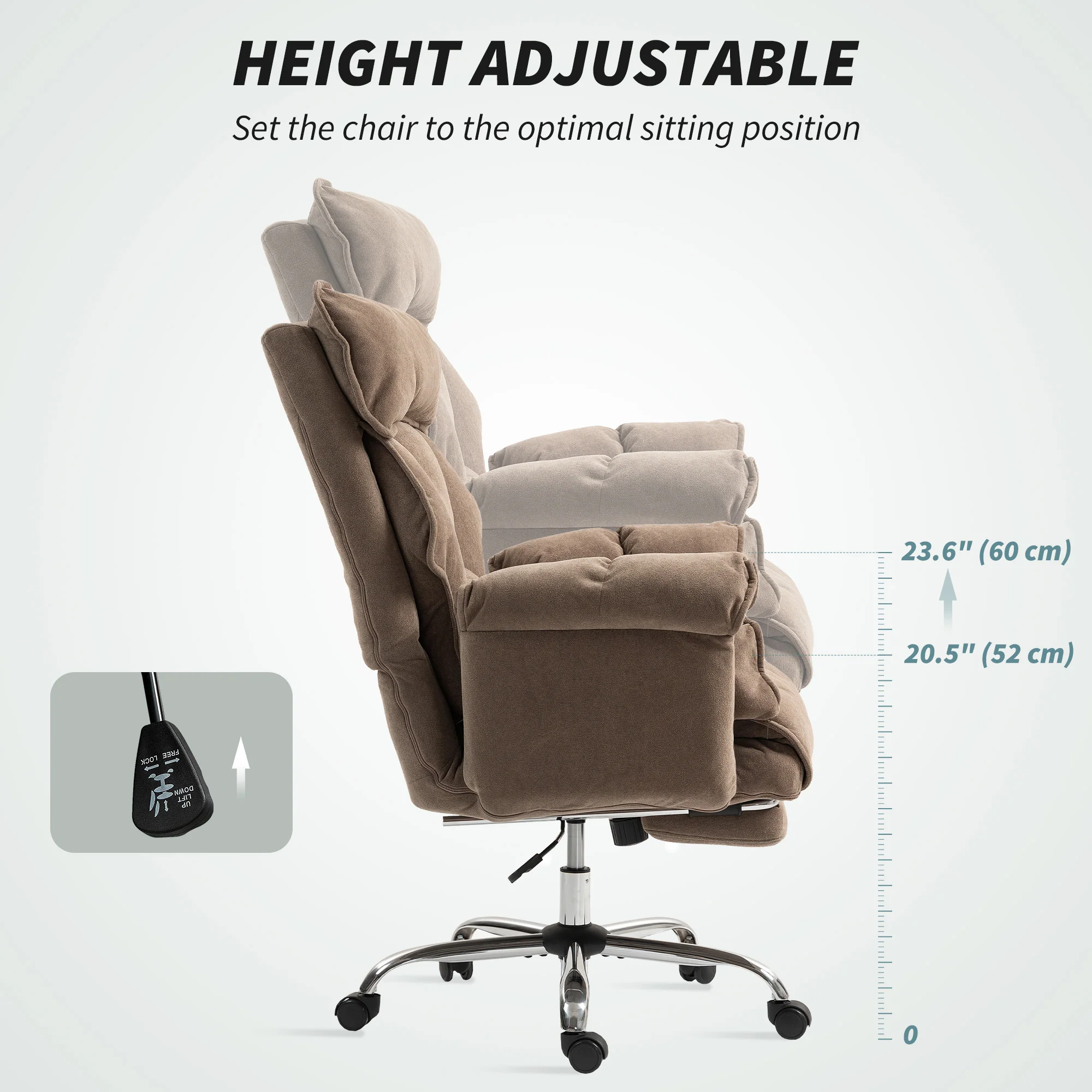Executive Office Chair with Footrest, Reclining Swivel Computer Desk Chair with High Back, Double-layer Padding, Headrest, Adjustable Height, Rolling Wheels, Light Brown - Image 9