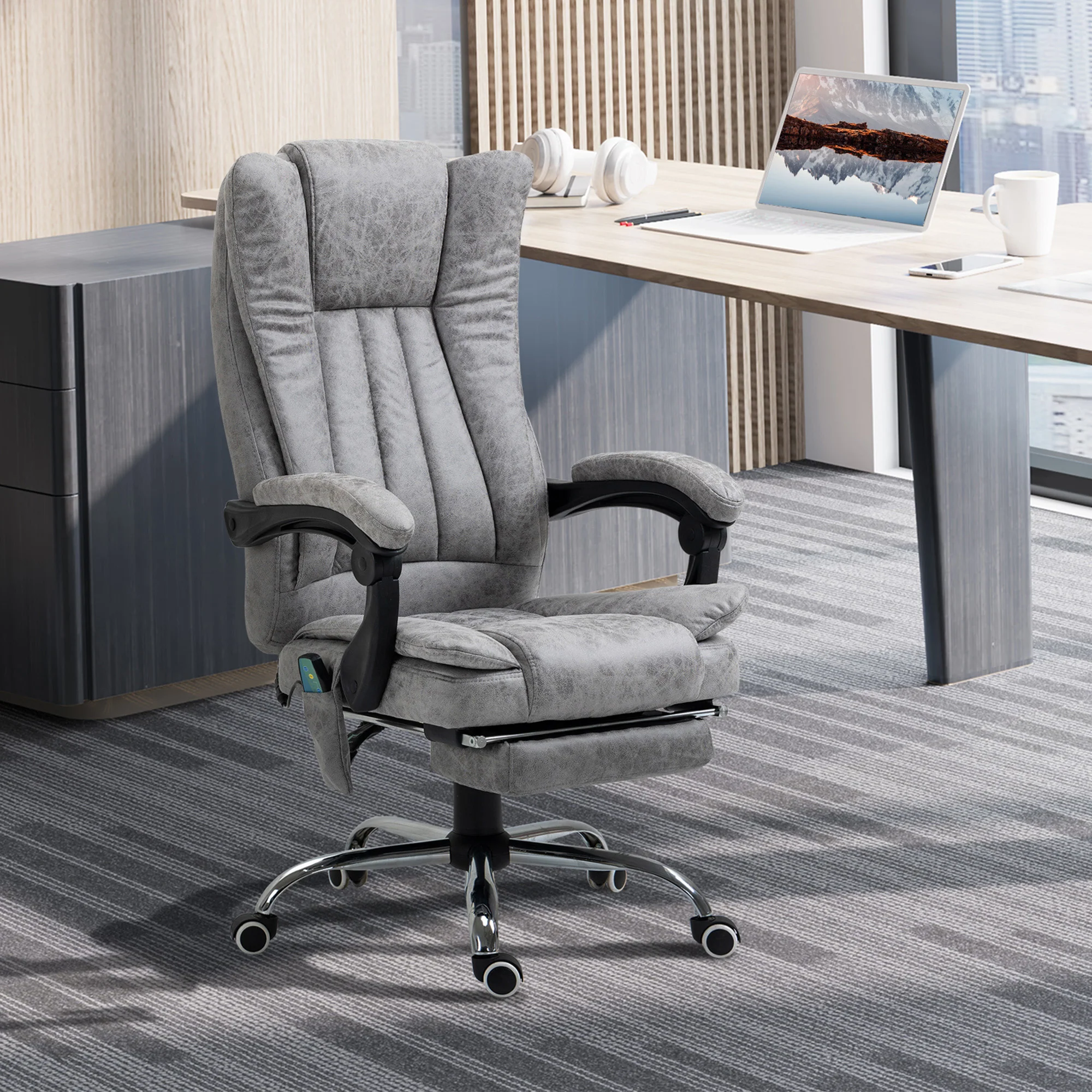6-Point Executive Office Chair with Footrest, 360° Swivel Reclining Computer Chair, Grey - Image 4