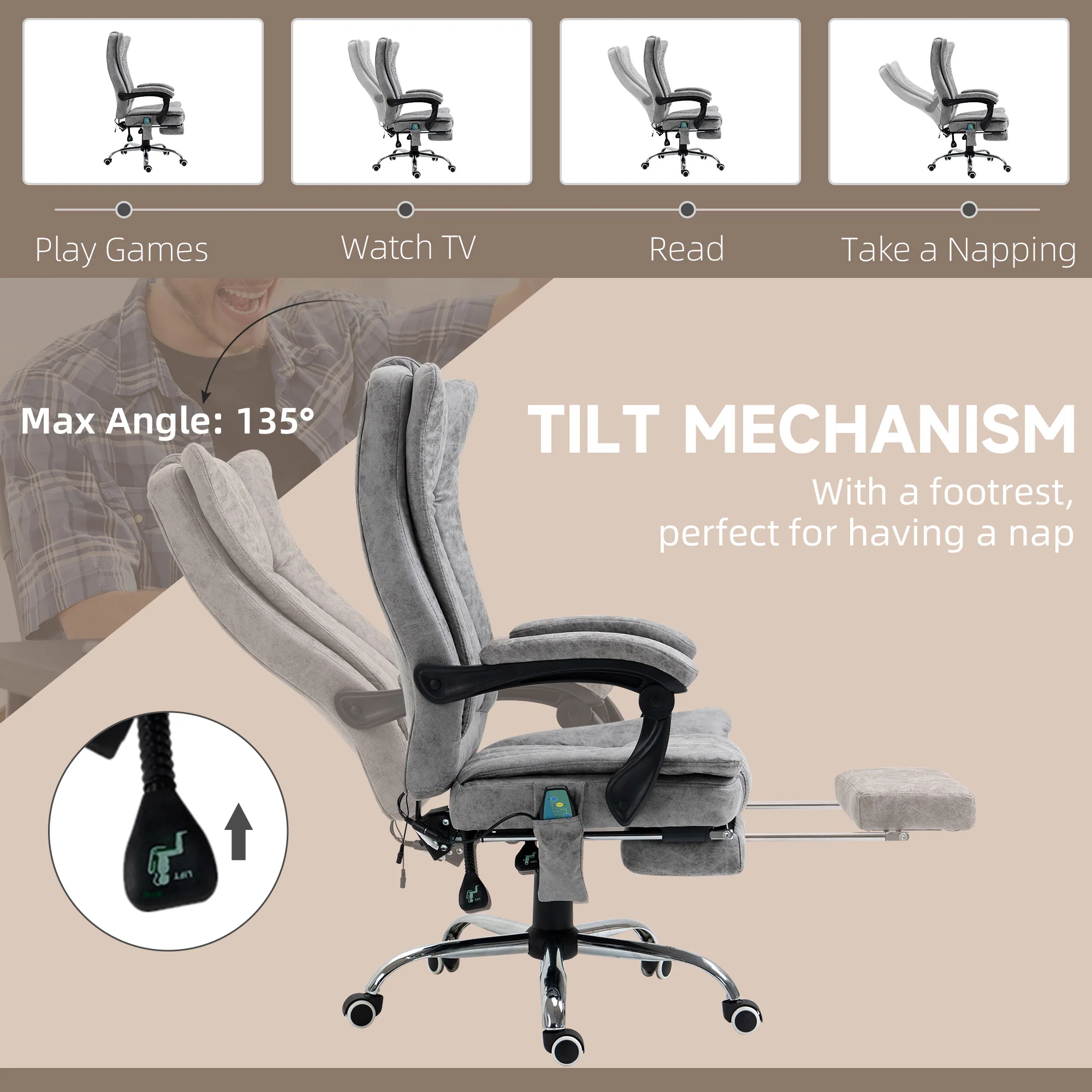 6-Point Executive Office Chair with Footrest, 360° Swivel Reclining Computer Chair, Grey - Image 8