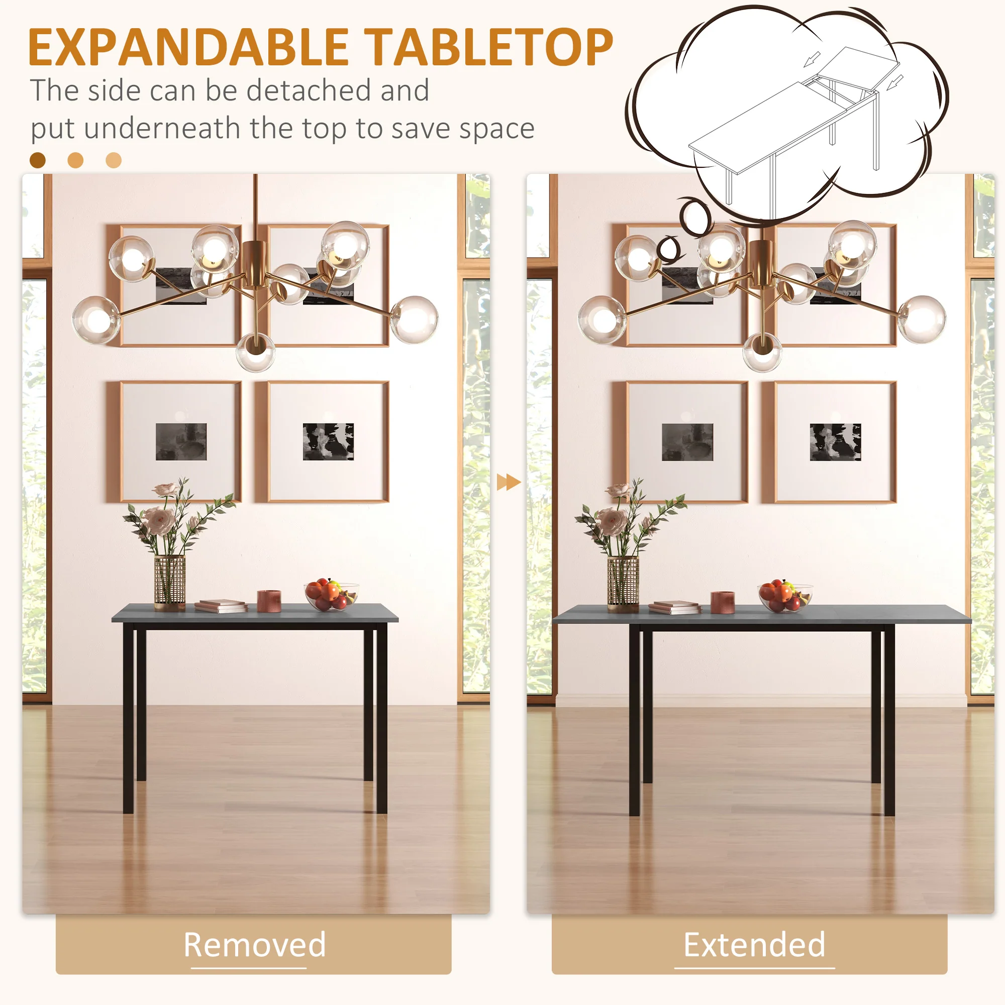 Expandable Dining Table for Six with Steel Frame, Dark Grey - Image 7