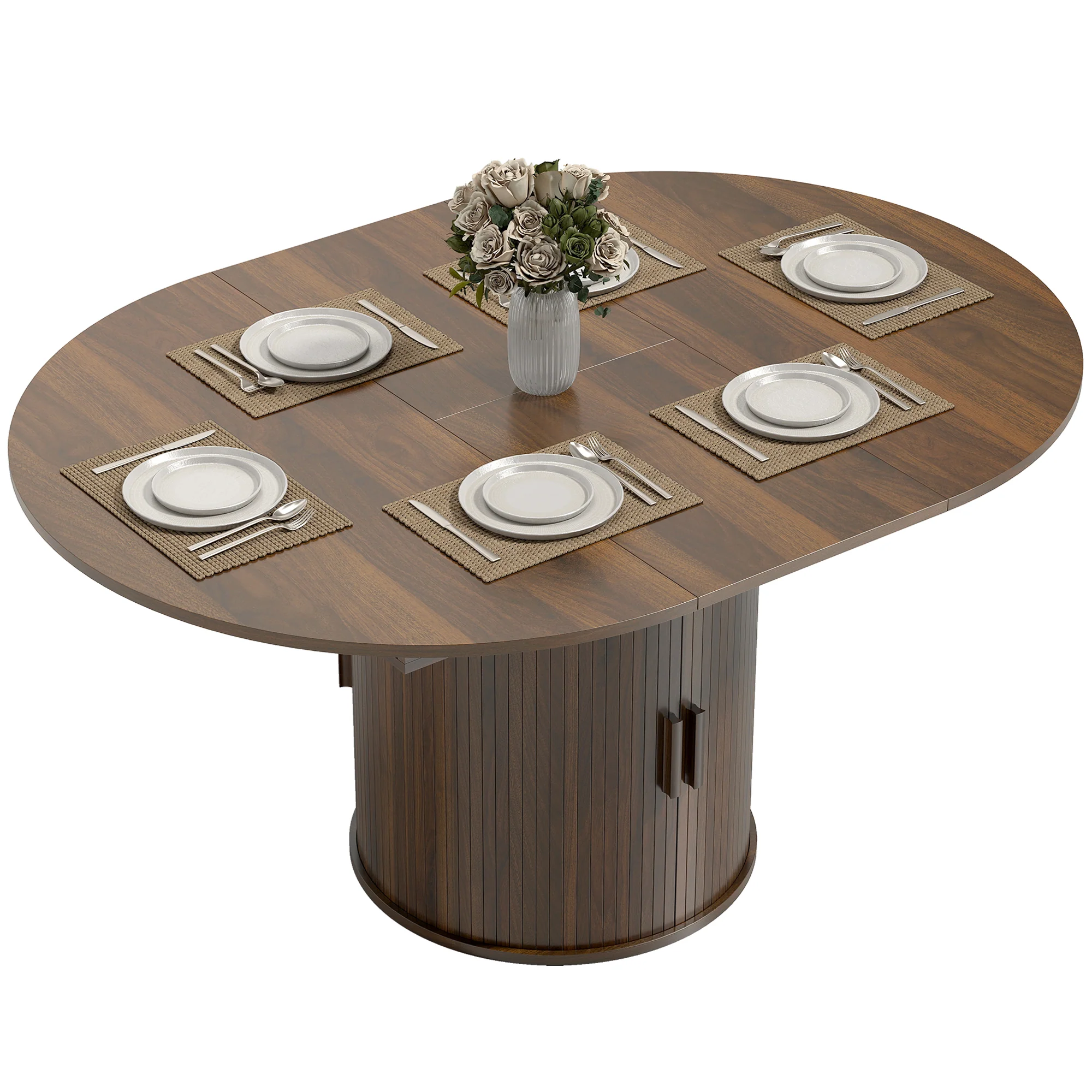 60-Inch Extendable Oval Farmhouse Dining Table with 2-Tier Storage Shelf for 6, Walnut - Image 2