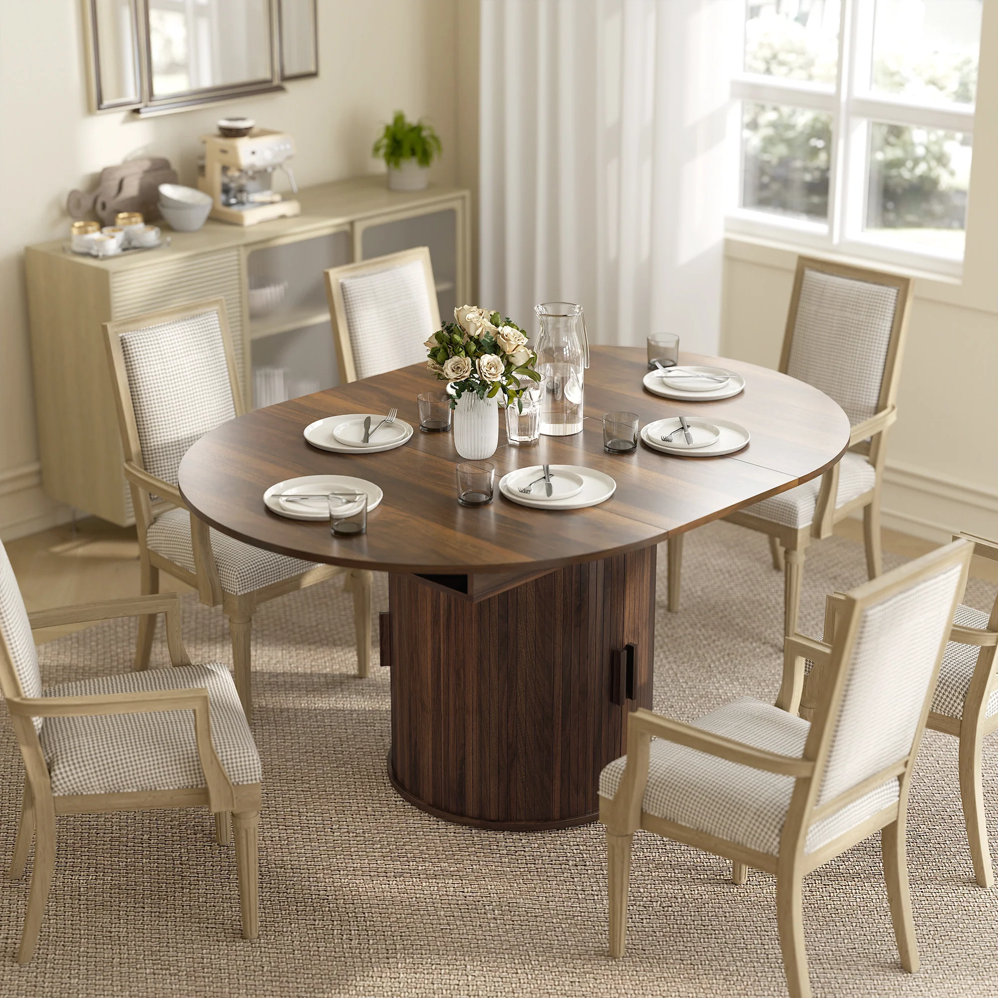 60-Inch Extendable Oval Farmhouse Dining Table with 2-Tier Storage Shelf for 6, Walnut - Image 3