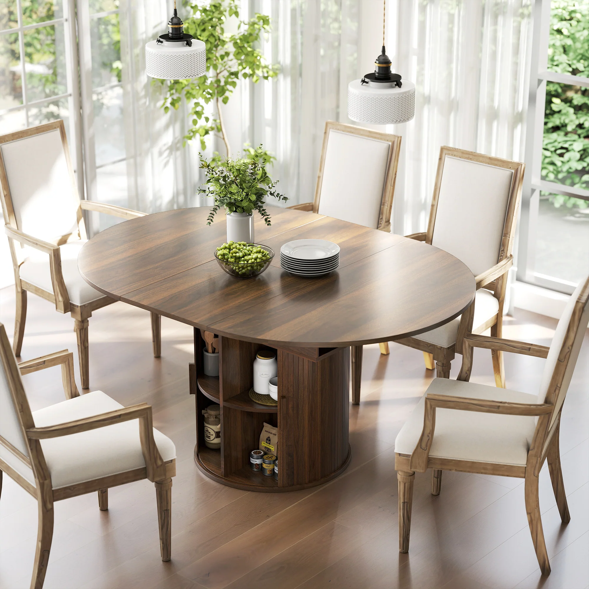 60-Inch Extendable Oval Farmhouse Dining Table with 2-Tier Storage Shelf for 6, Walnut - Image 4