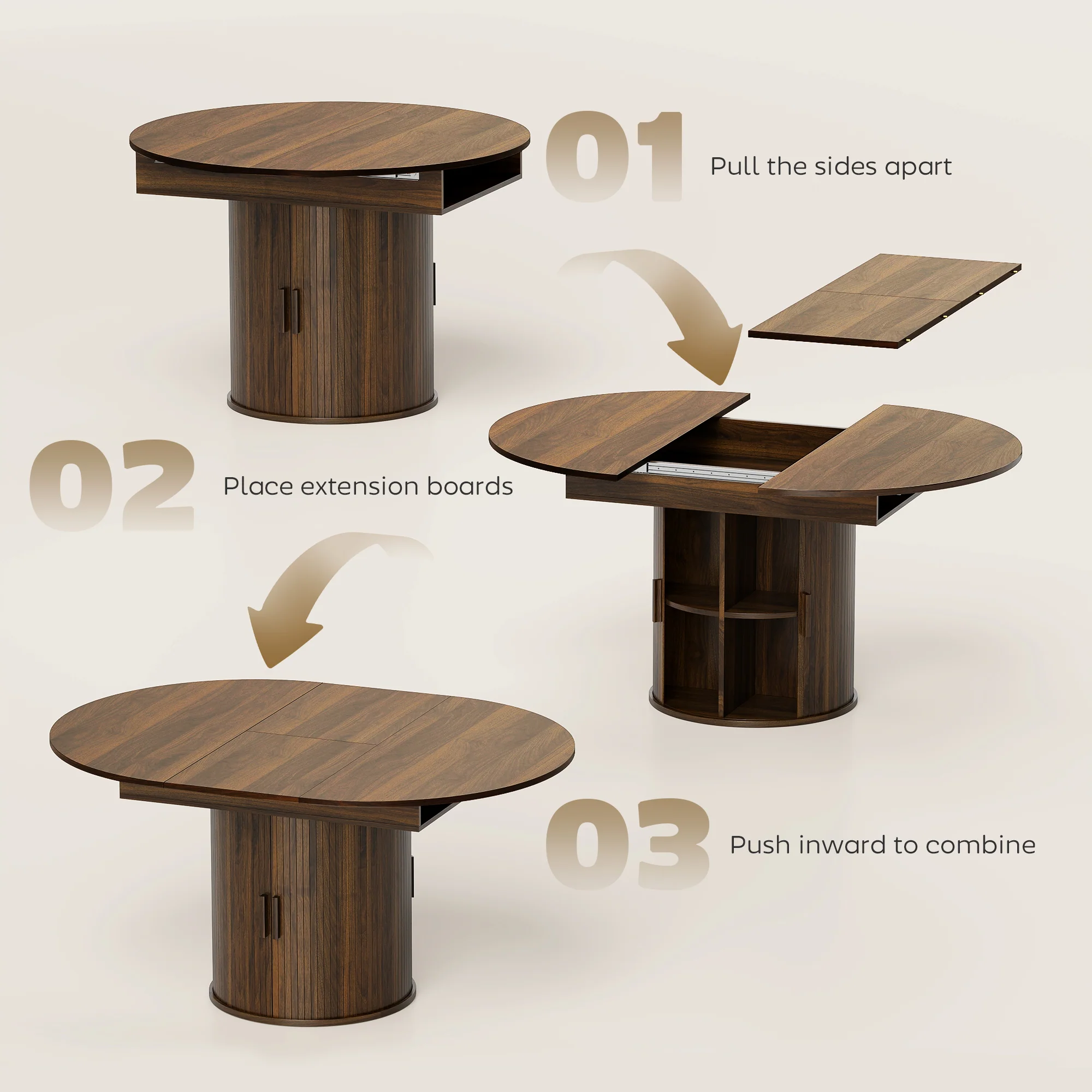 60-Inch Extendable Oval Farmhouse Dining Table with 2-Tier Storage Shelf for 6, Walnut - Image 7
