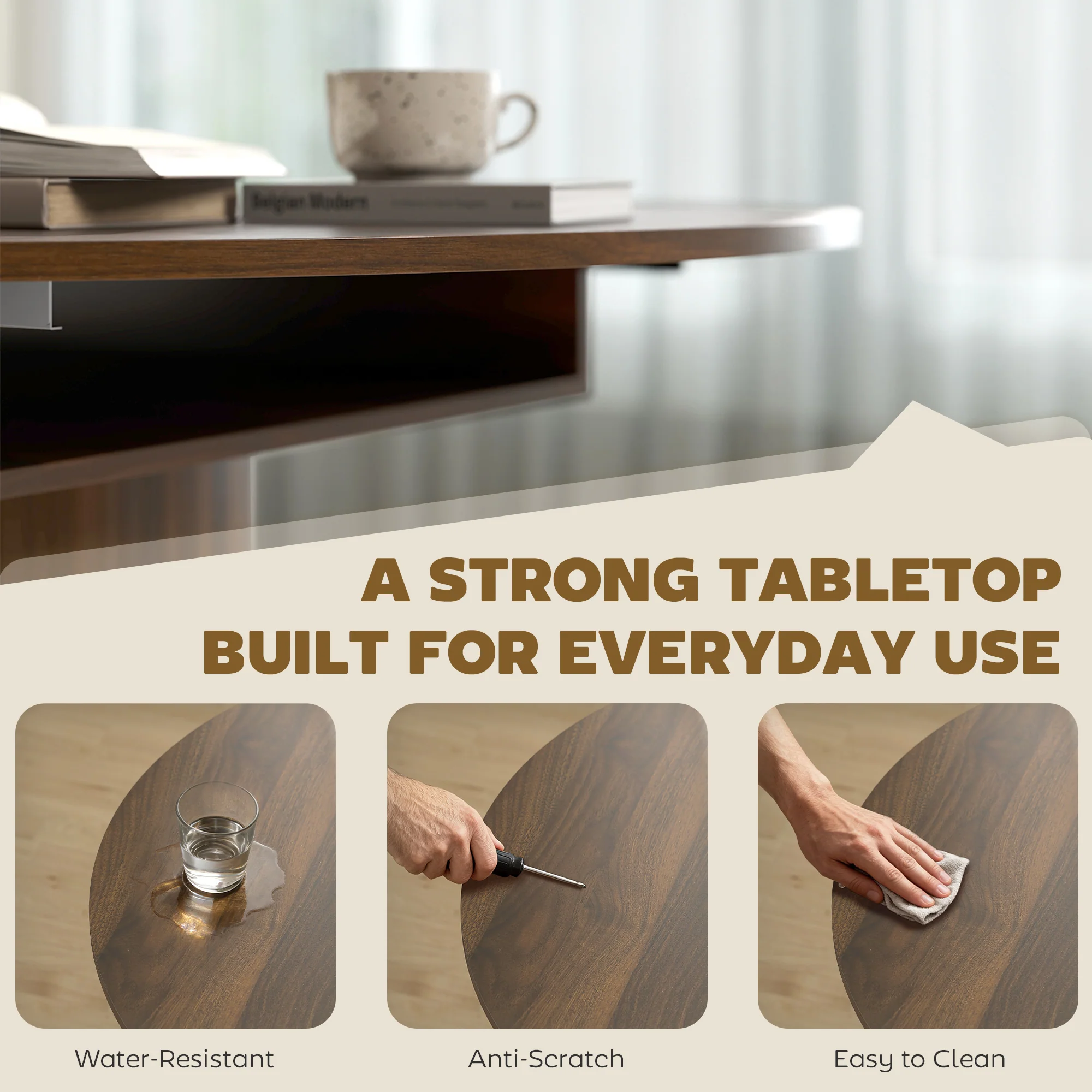 60-Inch Extendable Oval Farmhouse Dining Table with 2-Tier Storage Shelf for 6, Walnut - Image 9