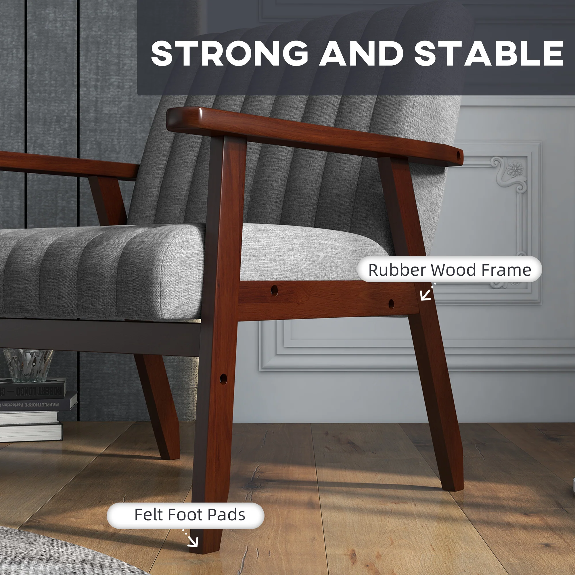 Fabric Accent Chair, Modern Tufted Armchair Upholstered Lounge Chair with Wood Legs, Grey - Image 8
