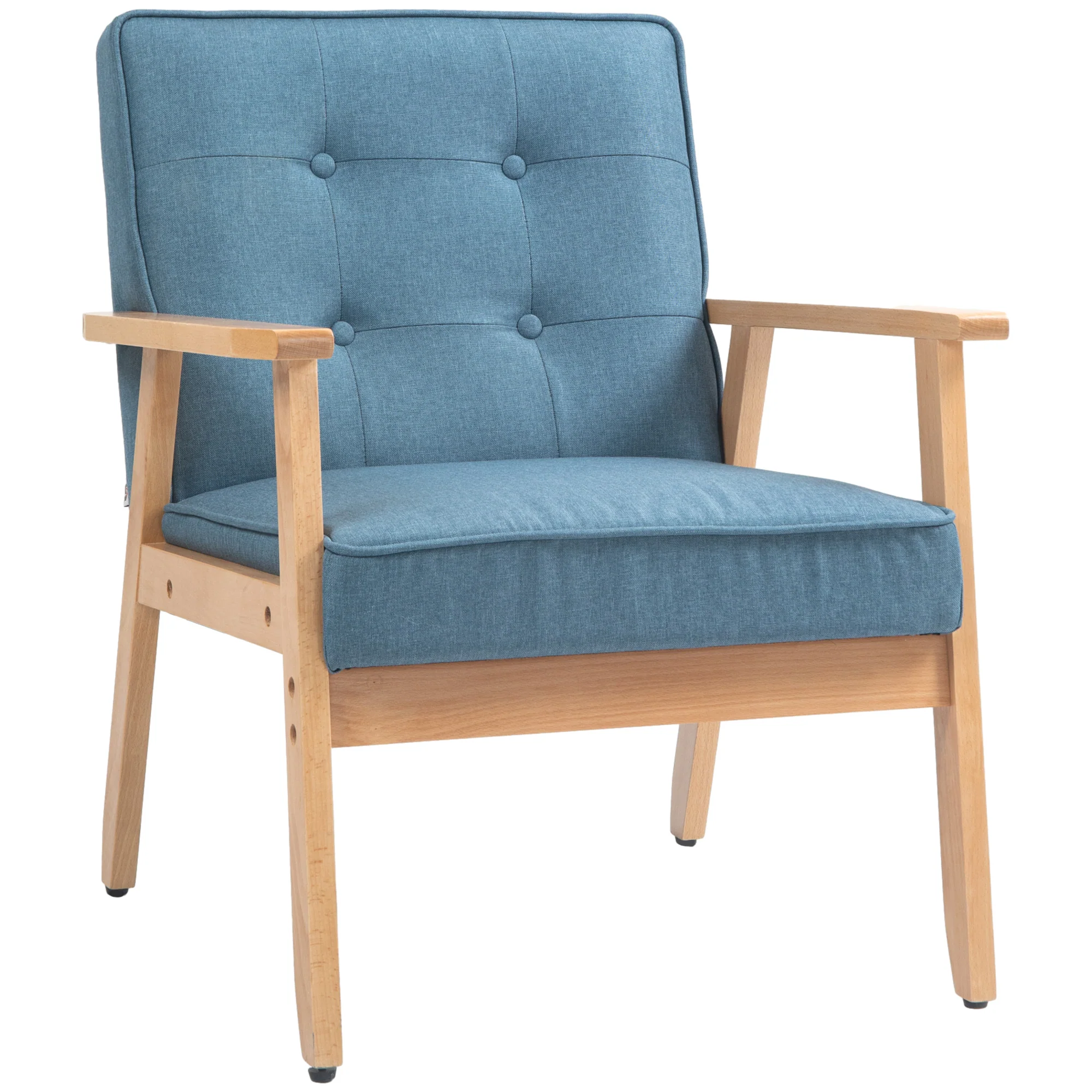 Tufted Fabric Accent Chair with Wood Legs and Thick Padding, Blue