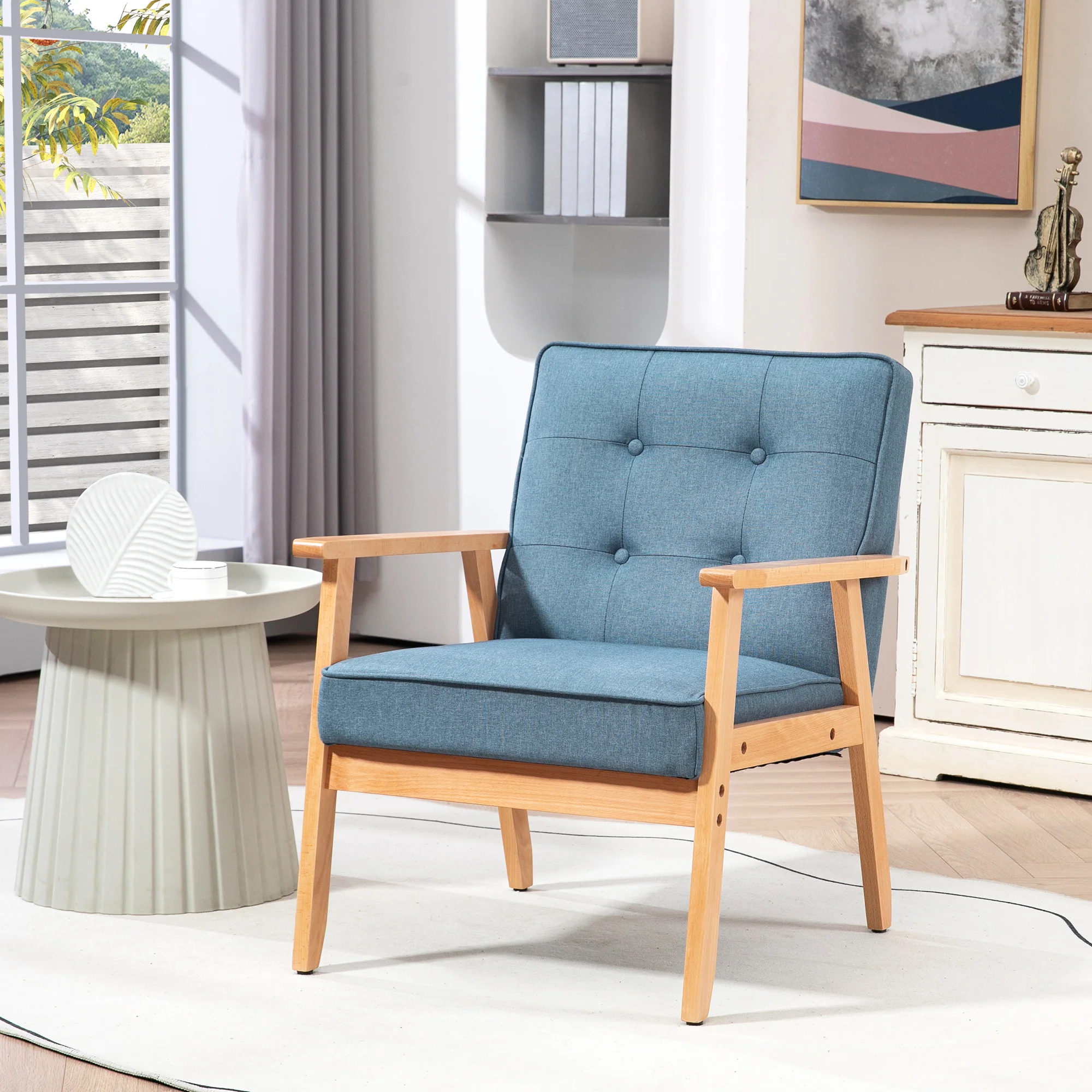 Tufted Fabric Accent Chair with Wood Legs and Thick Padding, Blue - Image 3