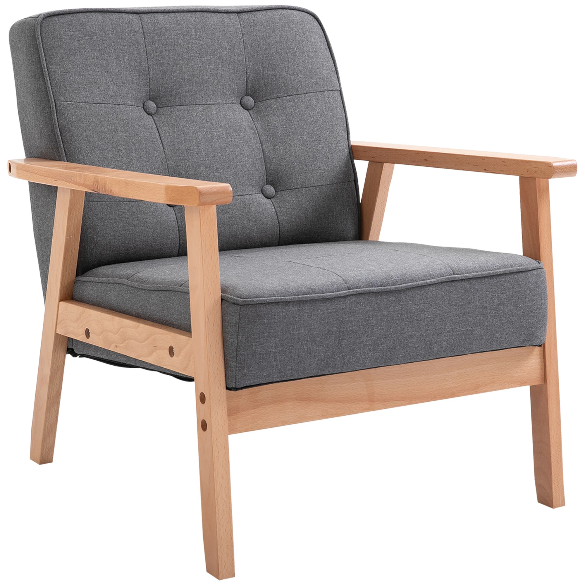Tufted Fabric Accent Chair with Wood Legs and Thick Padding, Grey