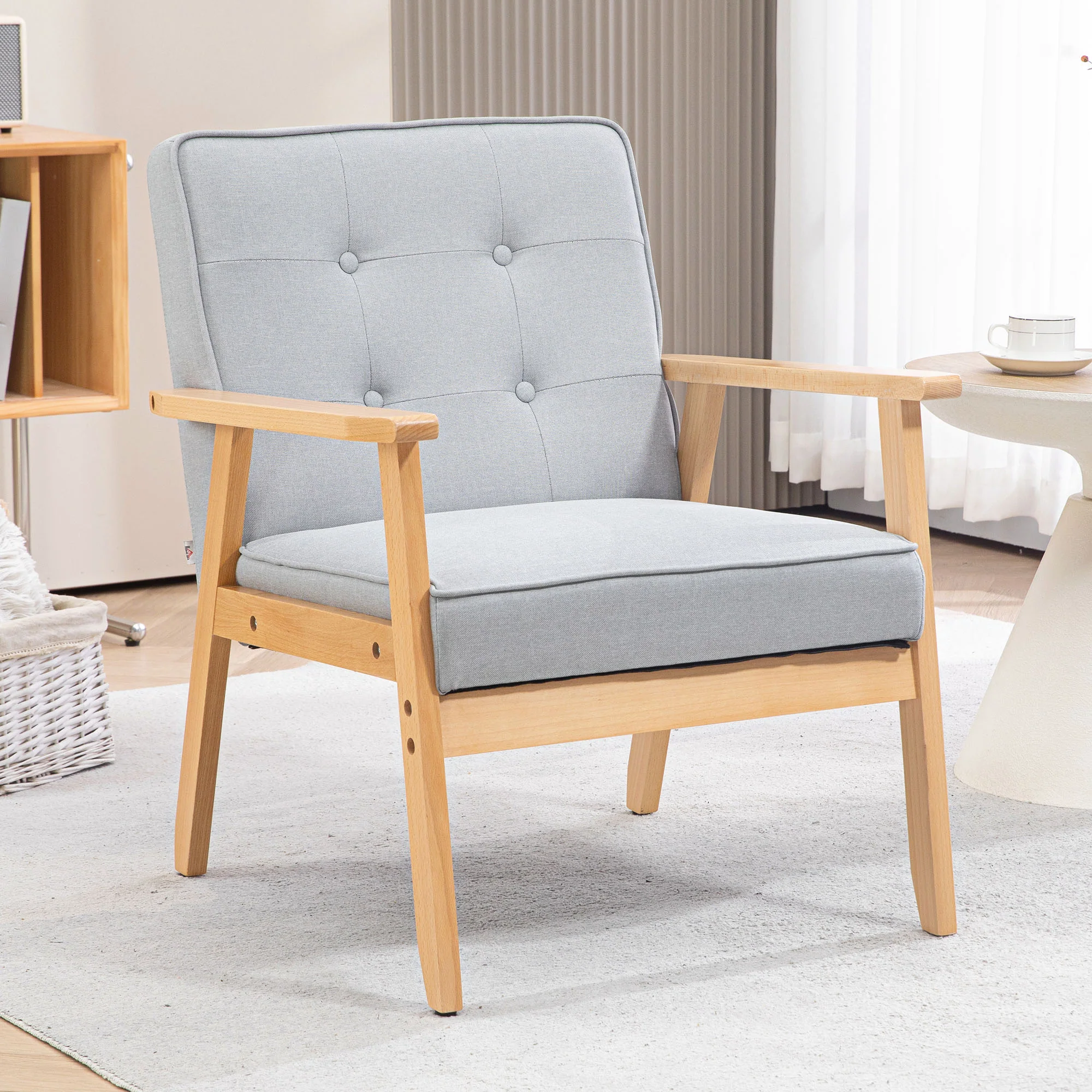 Tufted Fabric Accent Chair with Wood Legs and Thick Padding, Light Grey - Image 4
