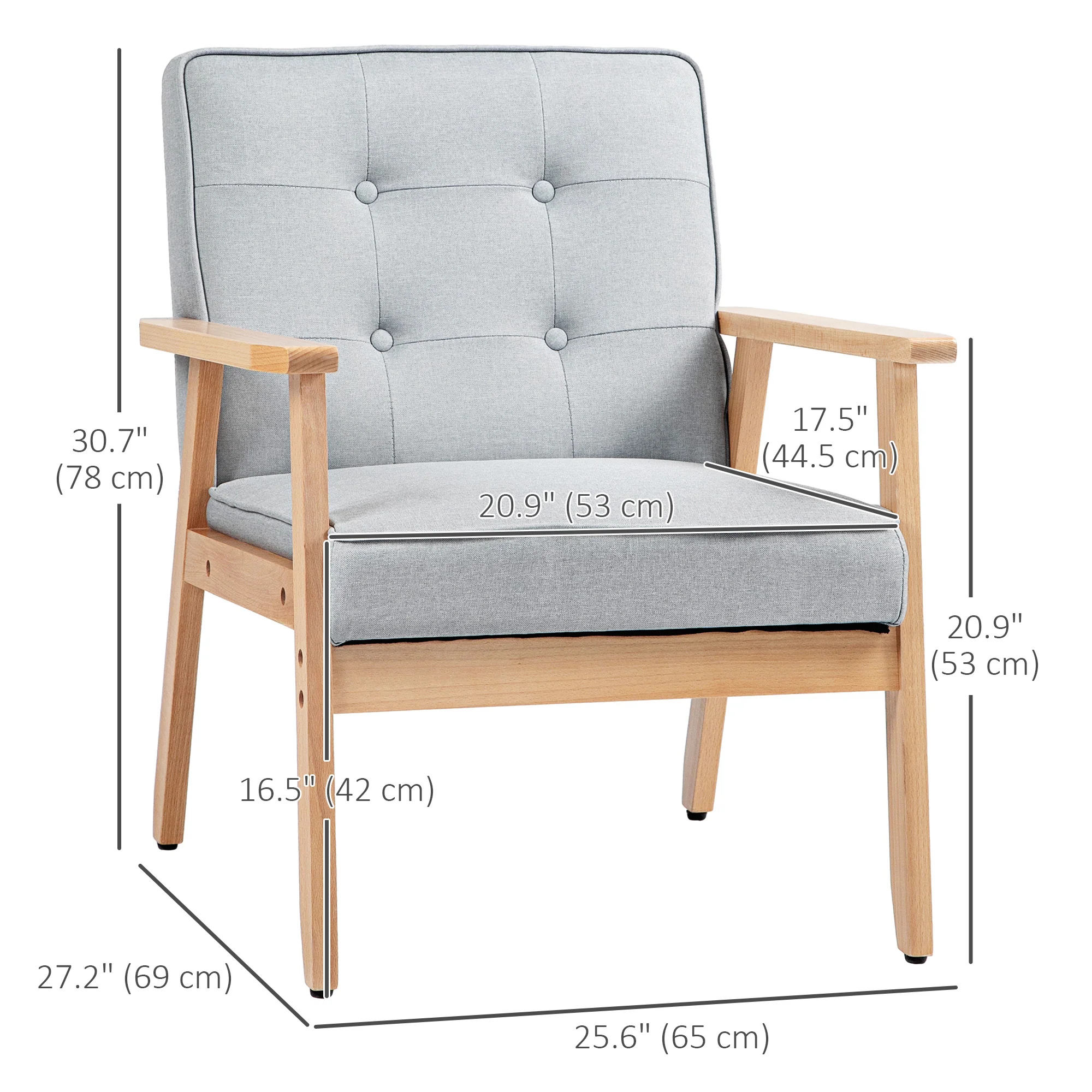 Tufted Fabric Accent Chair with Wood Legs and Thick Padding, Light Grey - Image 5