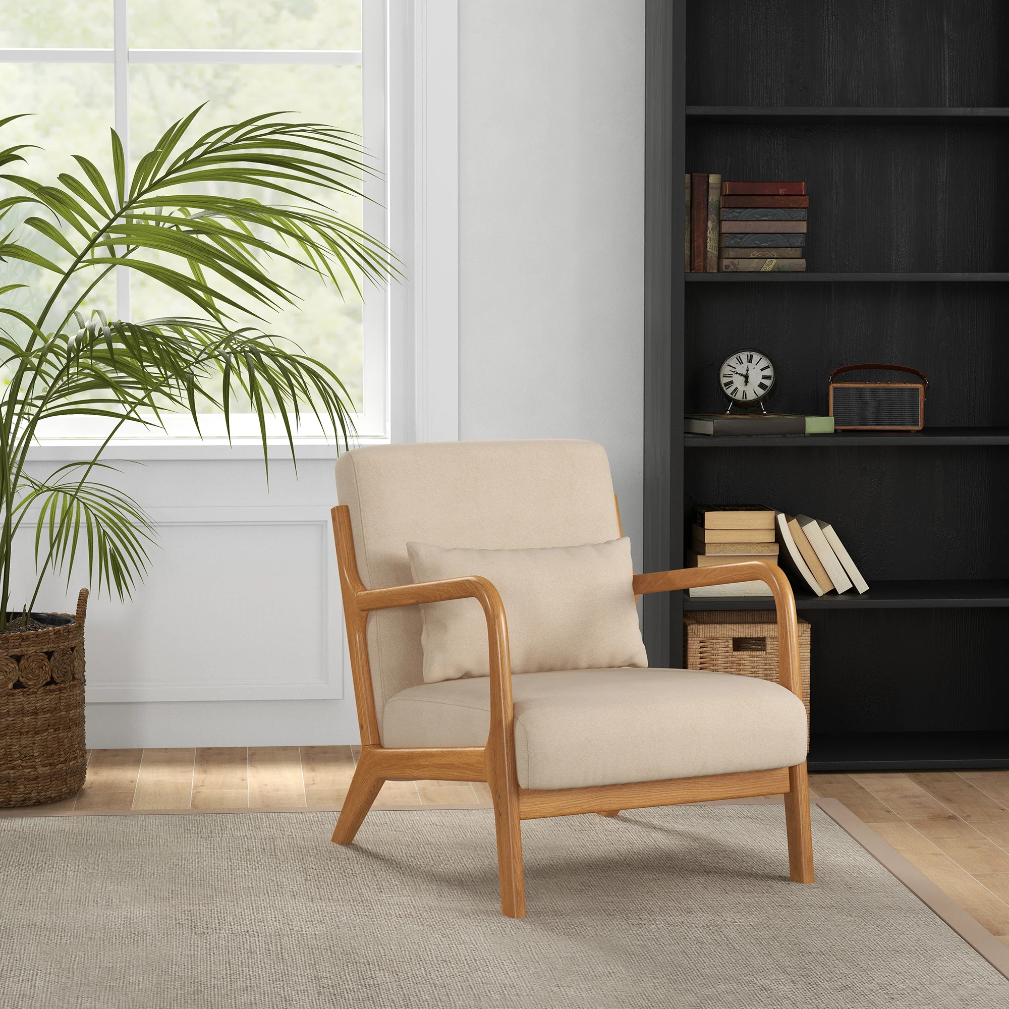 Fabric Accent Chair, Velvet Armchair, Retro Living Room Chair with Wood Legs and Thick Padding for Bedroom, Beige - Image 3