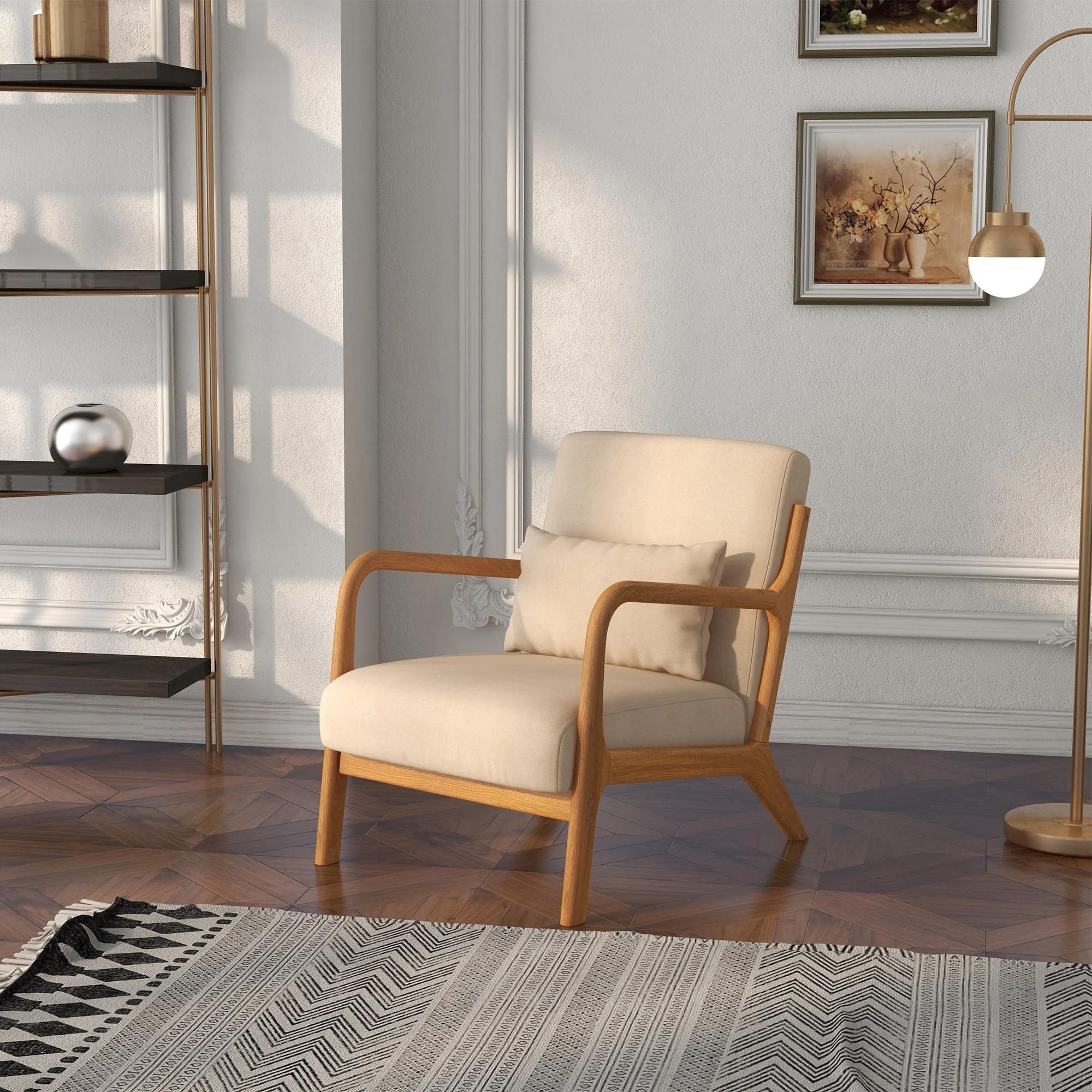 Fabric Accent Chair, Velvet Armchair, Retro Living Room Chair with Wood Legs and Thick Padding for Bedroom, Beige - Image 4