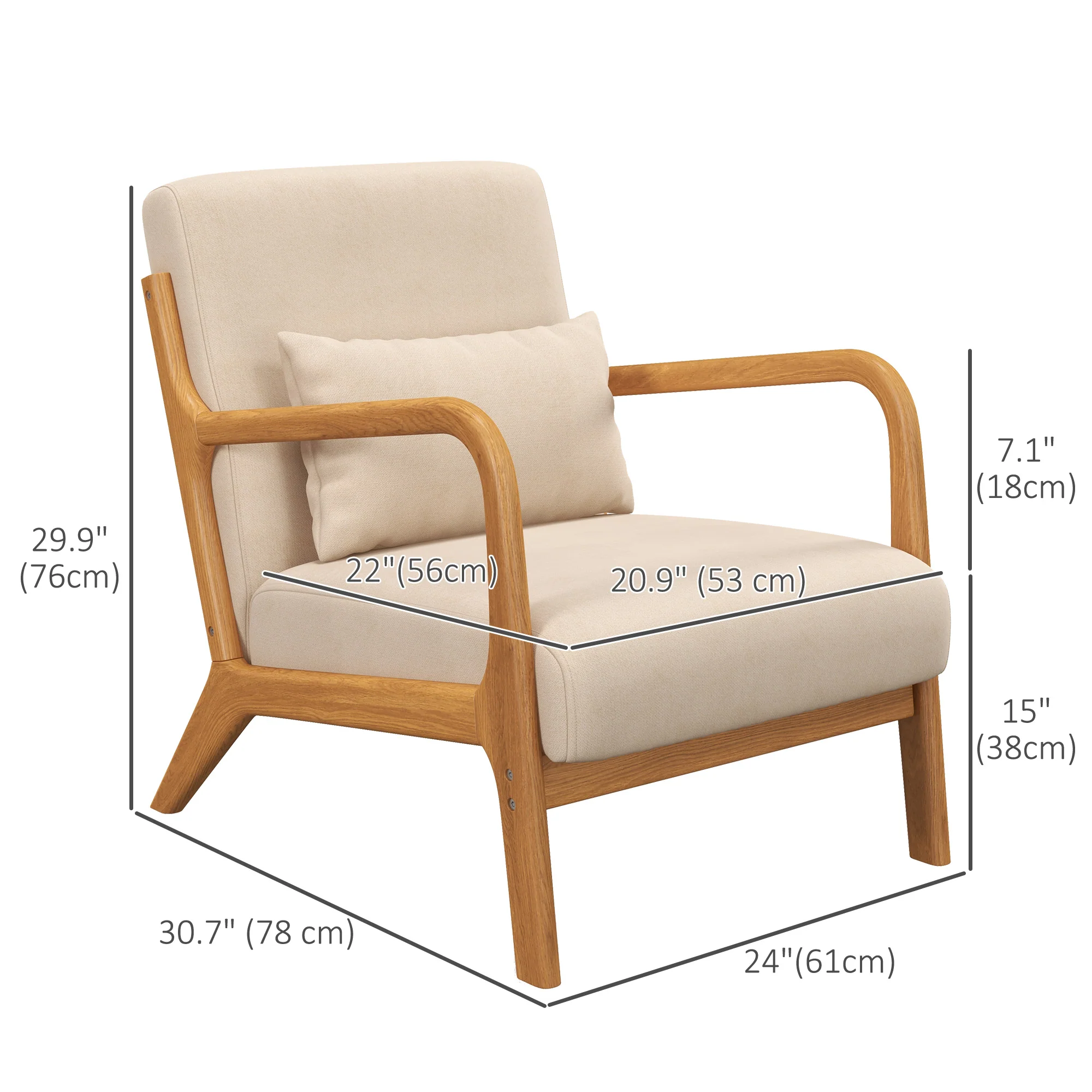 Fabric Accent Chair, Velvet Armchair, Retro Living Room Chair with Wood Legs and Thick Padding for Bedroom, Beige - Image 5