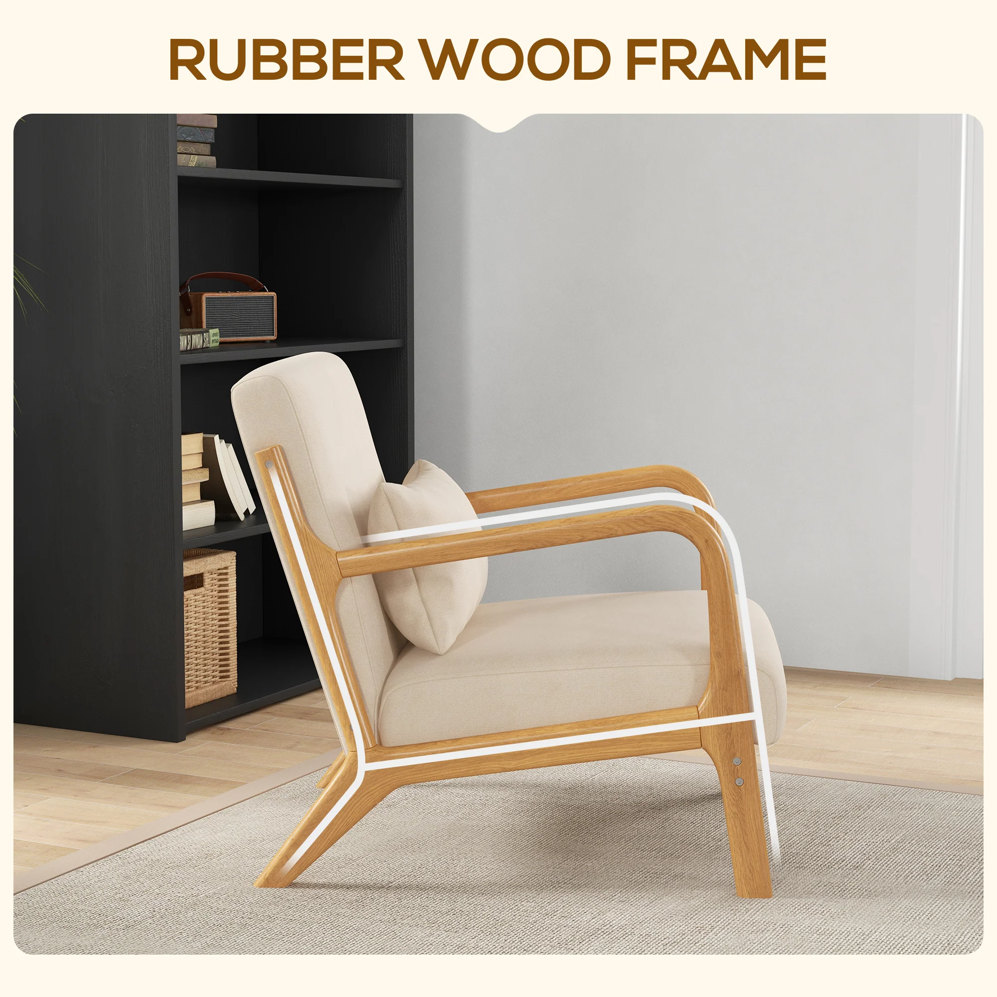 Fabric Accent Chair, Velvet Armchair, Retro Living Room Chair with Wood Legs and Thick Padding for Bedroom, Beige - Image 7