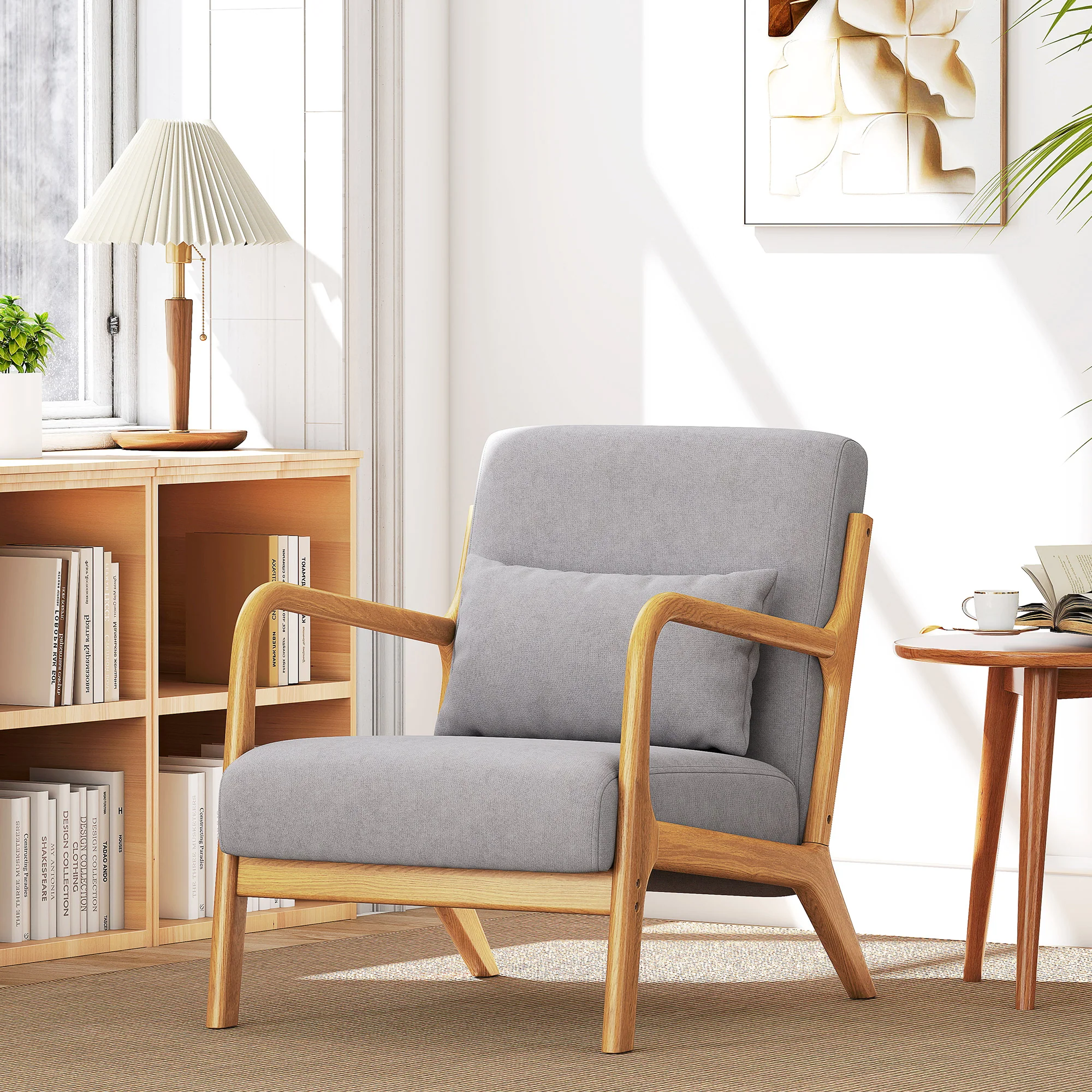 Fabric Accent Chair, Velvet Armchair, Retro Living Room Chair with Wood Legs and Thick Padding for Bedroom, Grey - Image 11