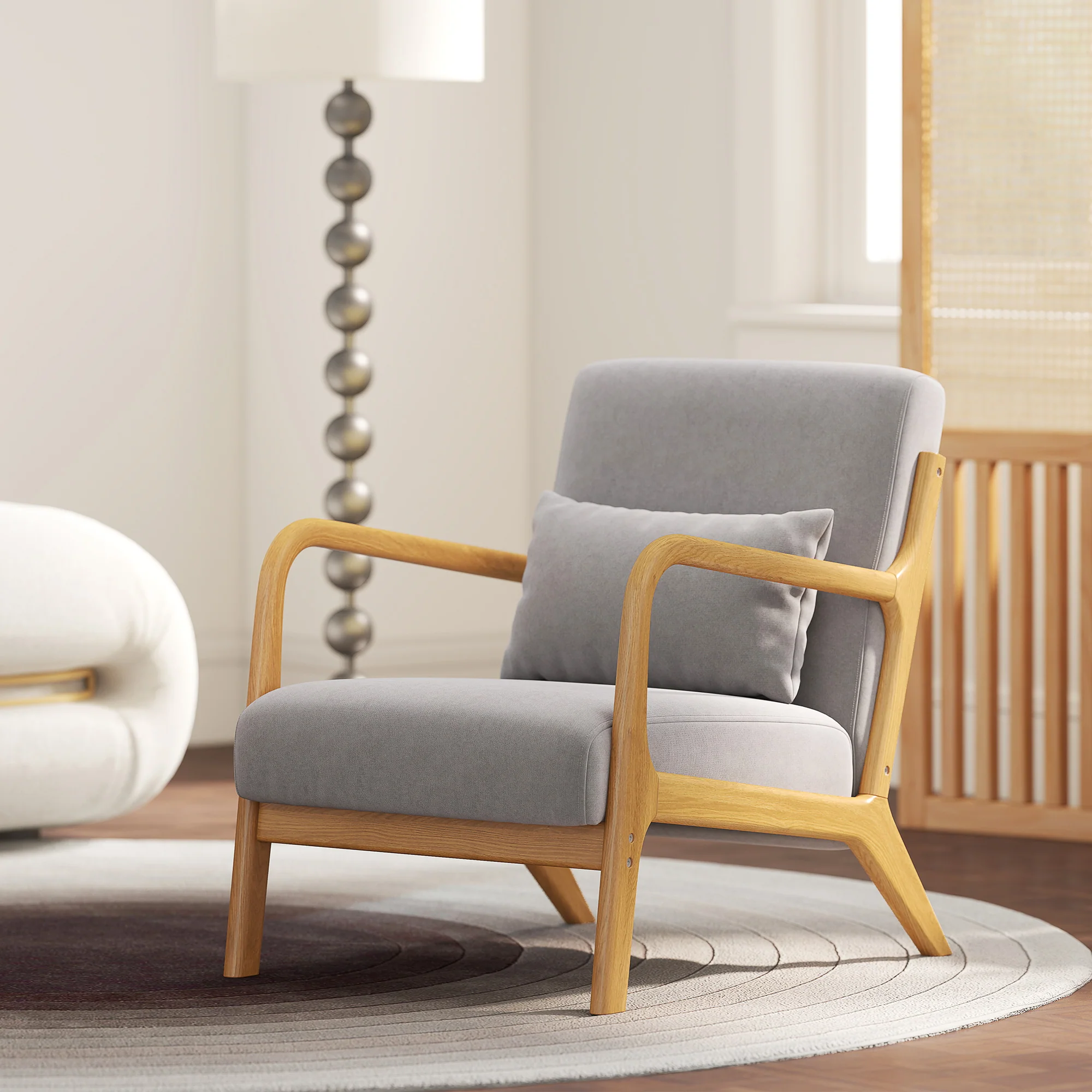 Fabric Accent Chair, Velvet Armchair, Retro Living Room Chair with Wood Legs and Thick Padding for Bedroom, Grey - Image 4
