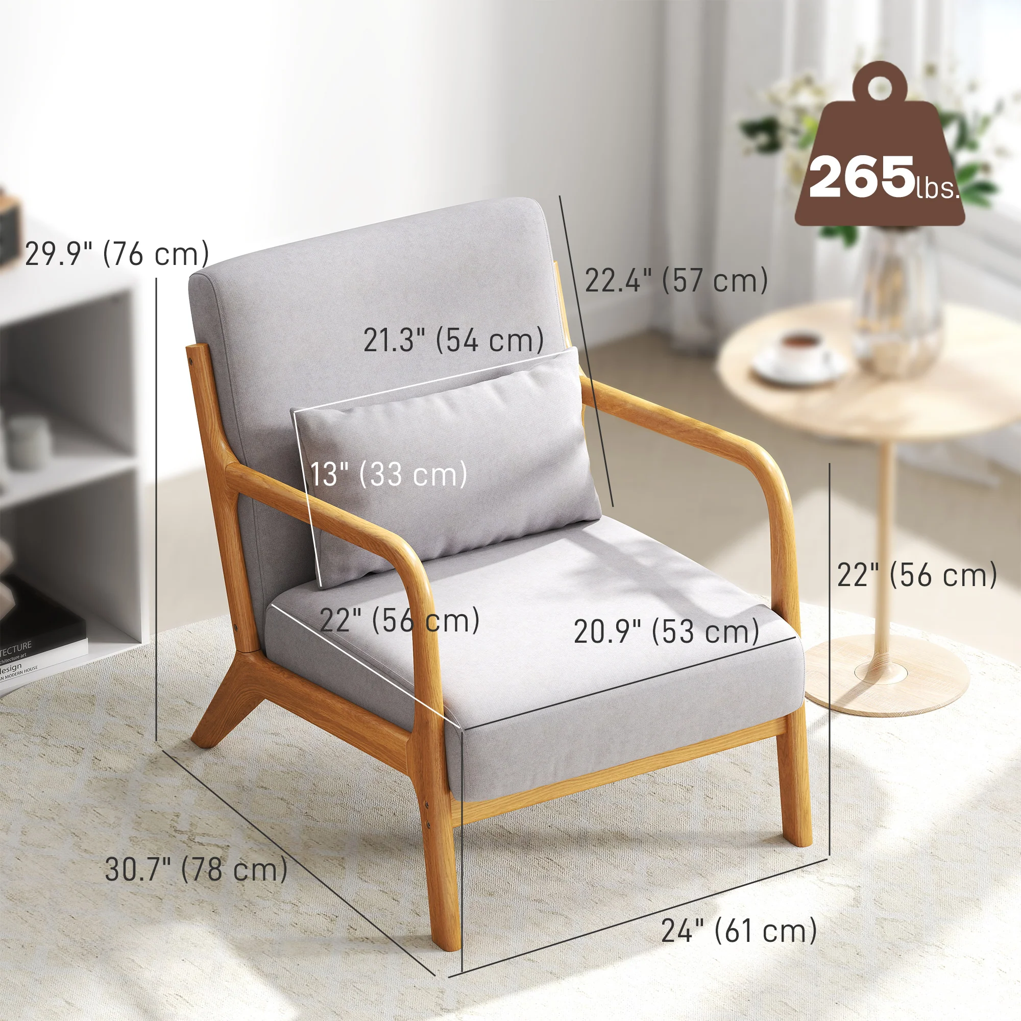 Fabric Accent Chair, Velvet Armchair, Retro Living Room Chair with Wood Legs and Thick Padding for Bedroom, Grey - Image 5
