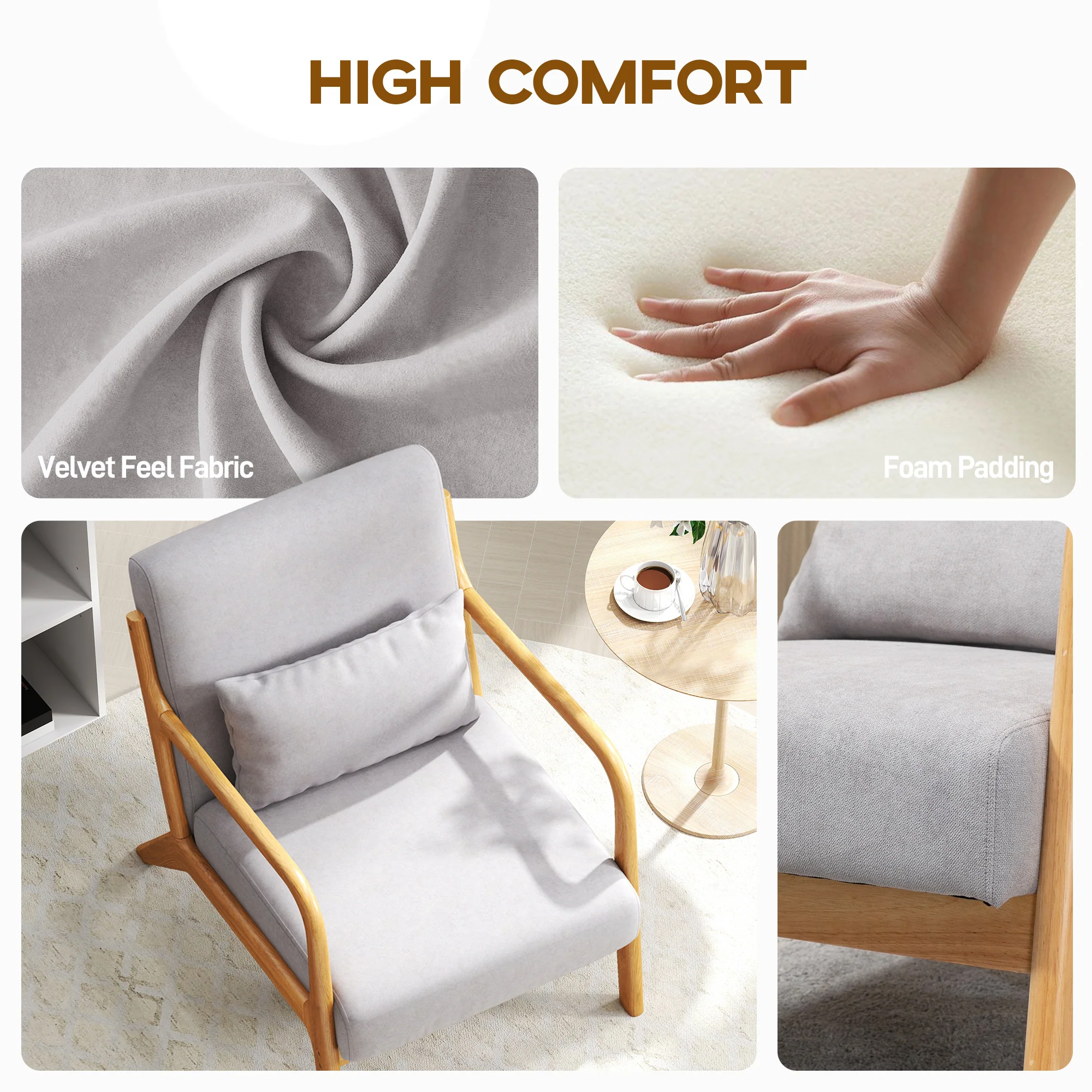 Fabric Accent Chair, Velvet Armchair, Retro Living Room Chair with Wood Legs and Thick Padding for Bedroom, Grey - Image 6
