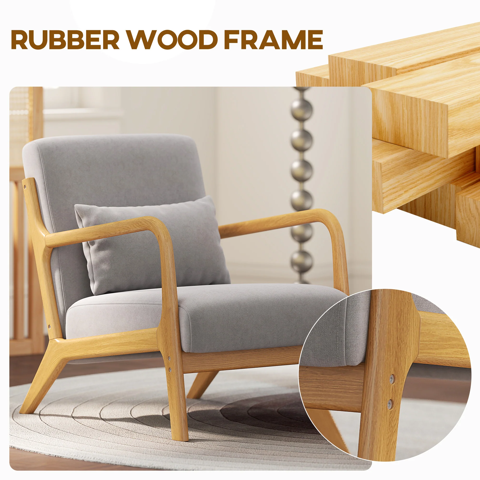 Fabric Accent Chair, Velvet Armchair, Retro Living Room Chair with Wood Legs and Thick Padding for Bedroom, Grey - Image 7