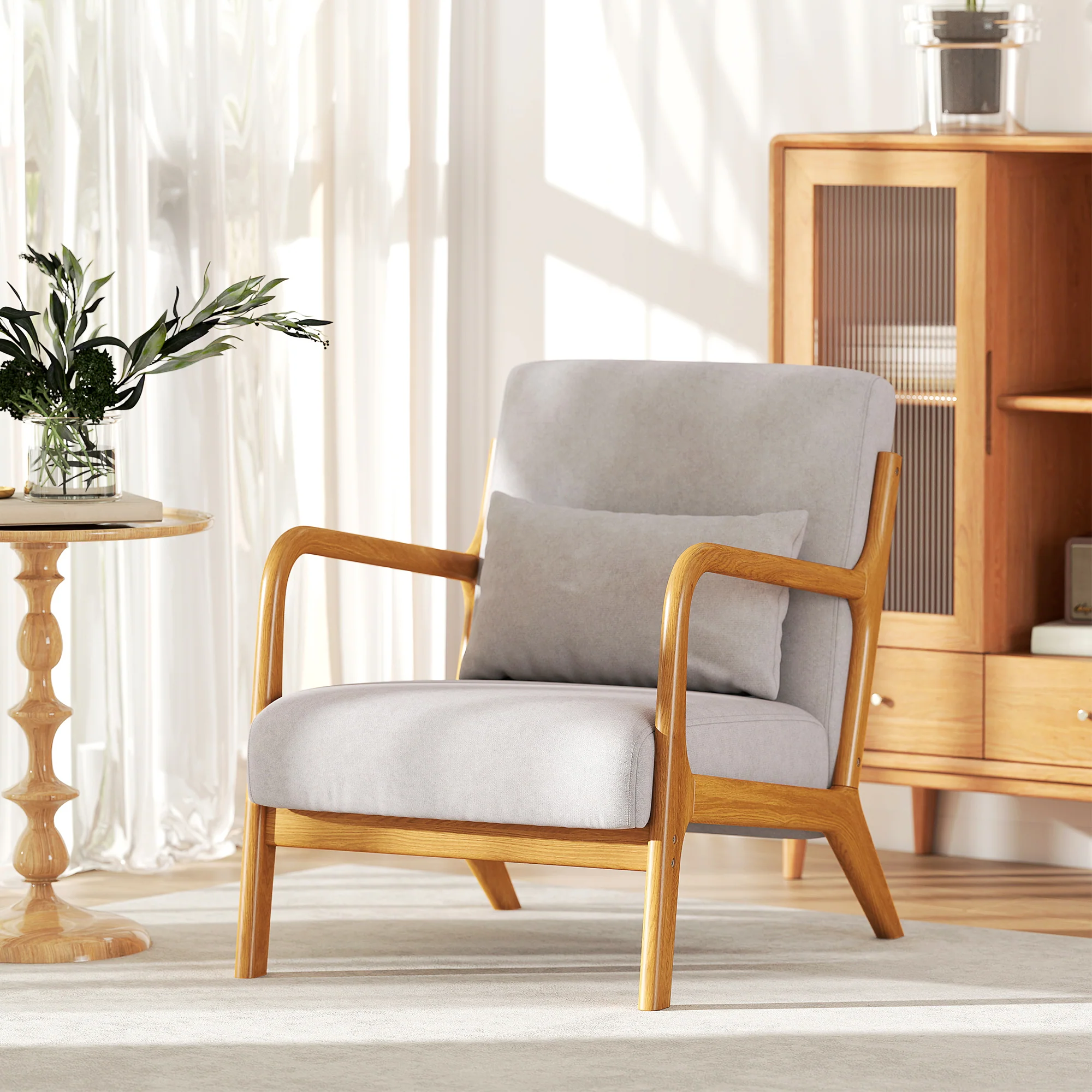 Fabric Accent Chair, Velvet Armchair, Retro Living Room Chair with Wood Legs and Thick Padding for Bedroom, Grey - Image 8