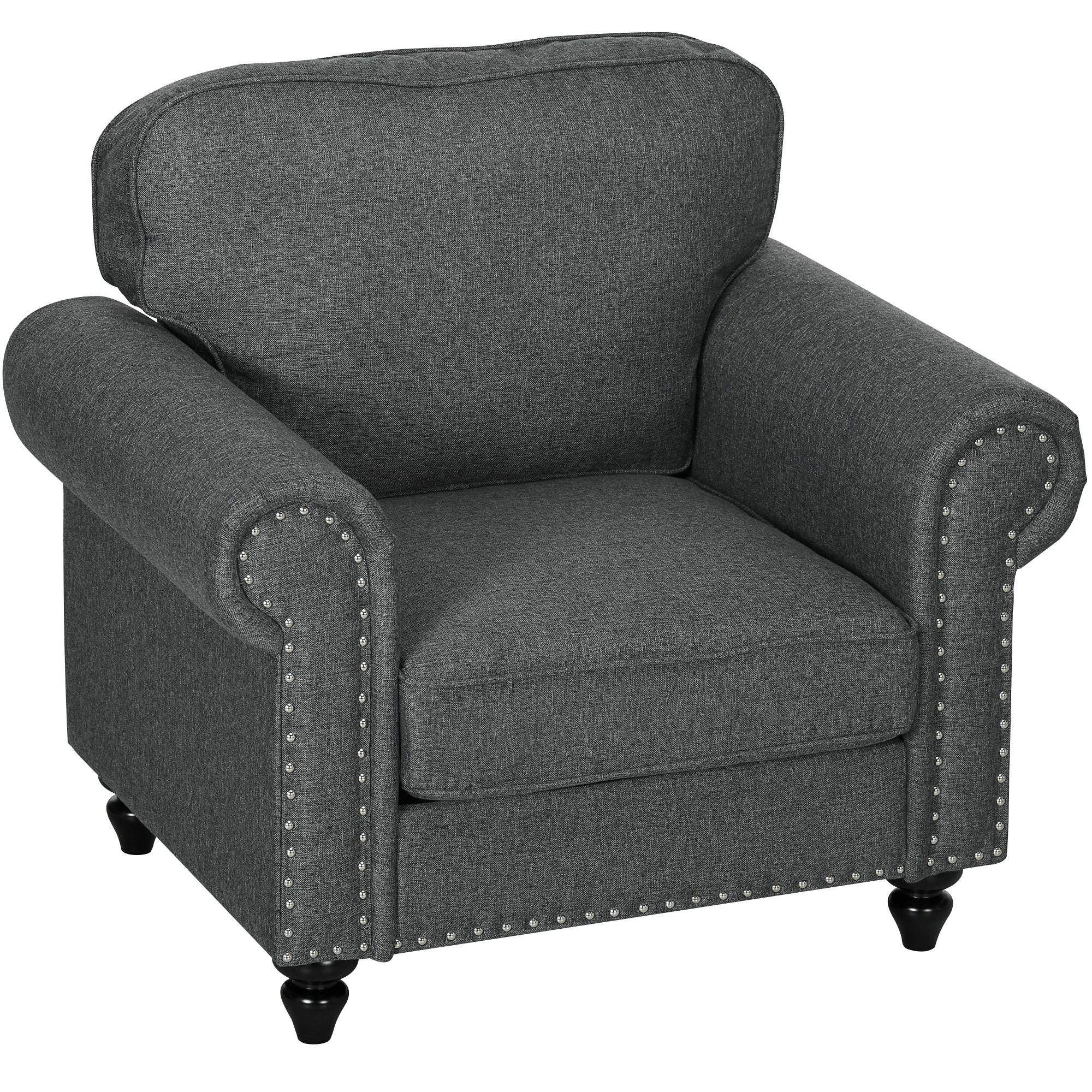 Fabric Accent Chair with Nailhead Trim, Rolled Arm & Slatted Wood Frame, Charcoal Grey - Image 2