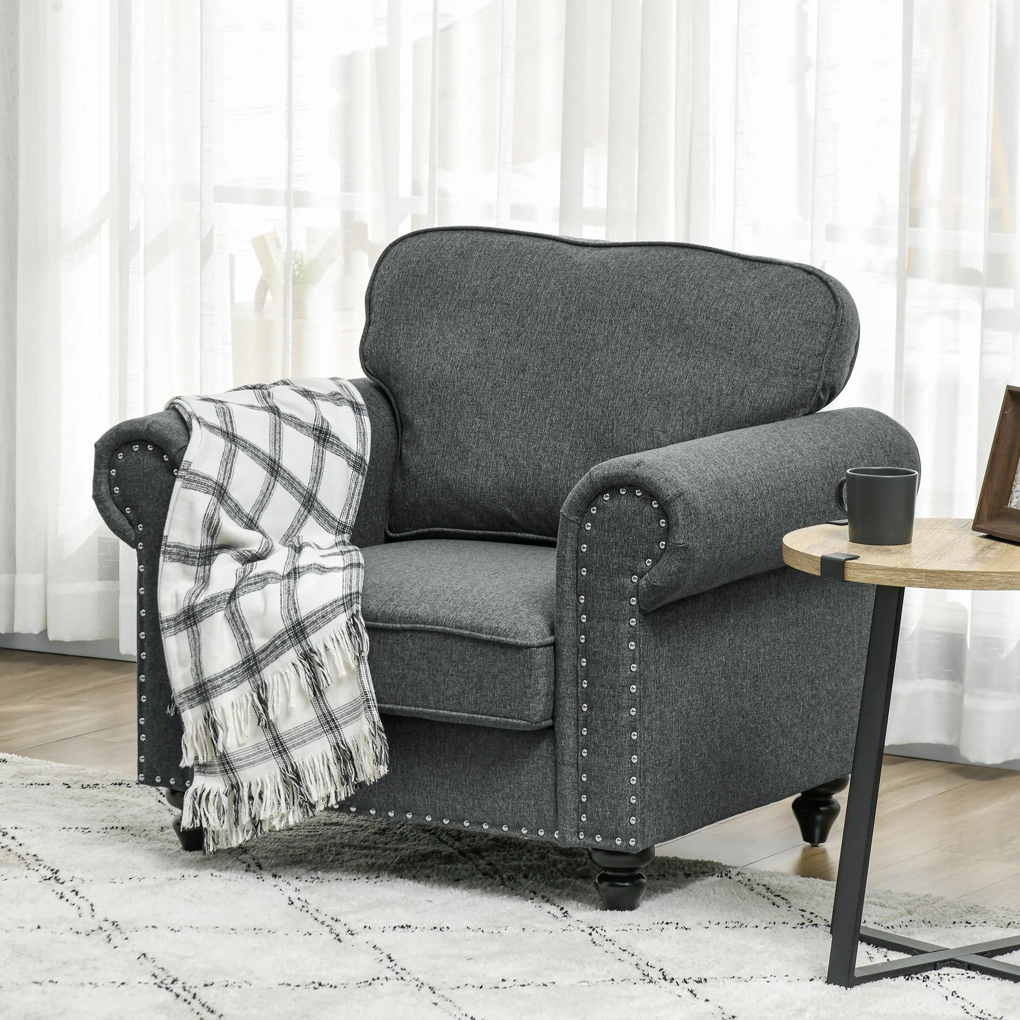 Fabric Accent Chair with Nailhead Trim, Rolled Arm & Slatted Wood Frame, Charcoal Grey - Image 4
