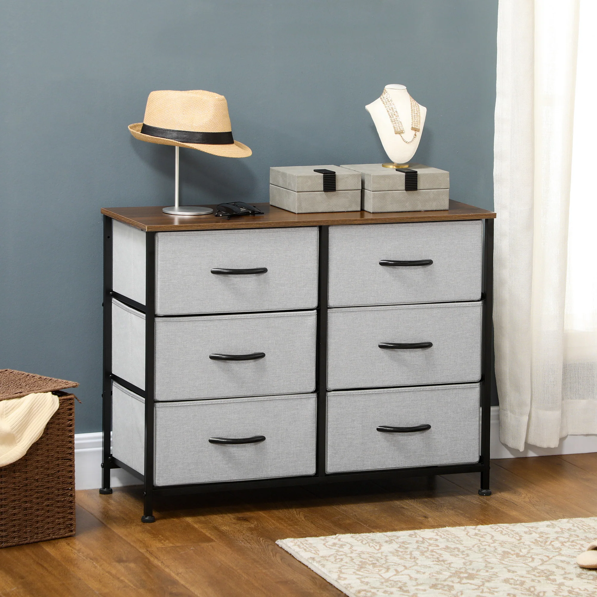 Storage Chest of Drawers with 6 Fabric Drawers, Steel Frame & Wooden Top, Grey - Image 3