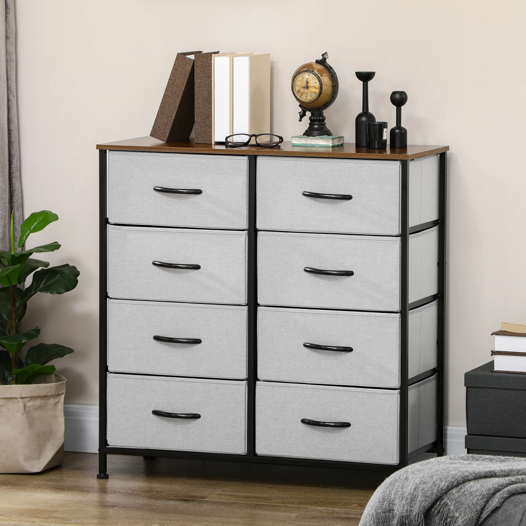 Storage Chest of Drawers with 8 Fabric Drawers, Steel Frame & Wooden Top, Grey - Image 3