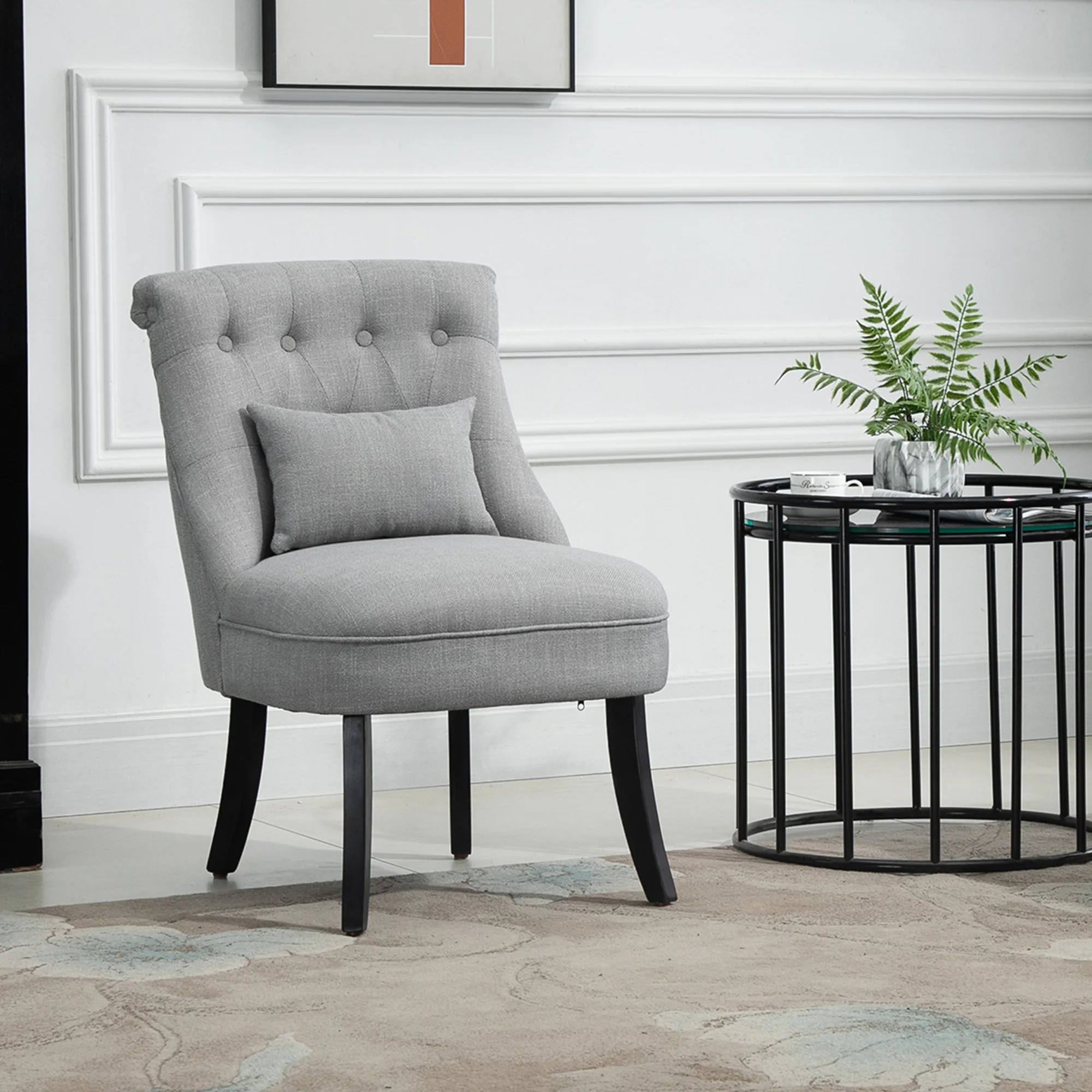 Fabric Single Sofa, Dining Chair with Pillow & Solid Wood Leg for Living Room, Grey - Image 10