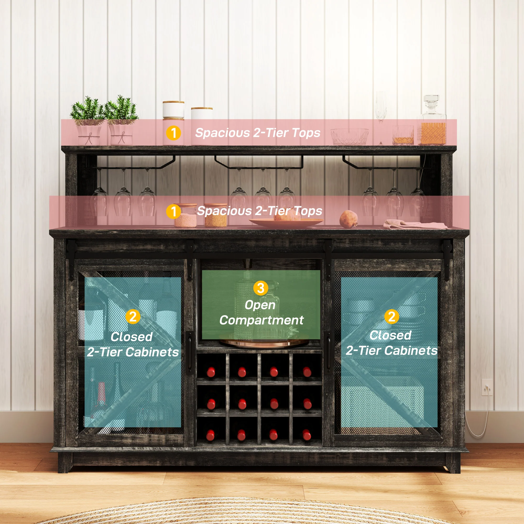 55" Coffee Bar Cabinet with Lights, Farmhouse Wine Cabinet with Glass Racks, Dark Brown - Image 9