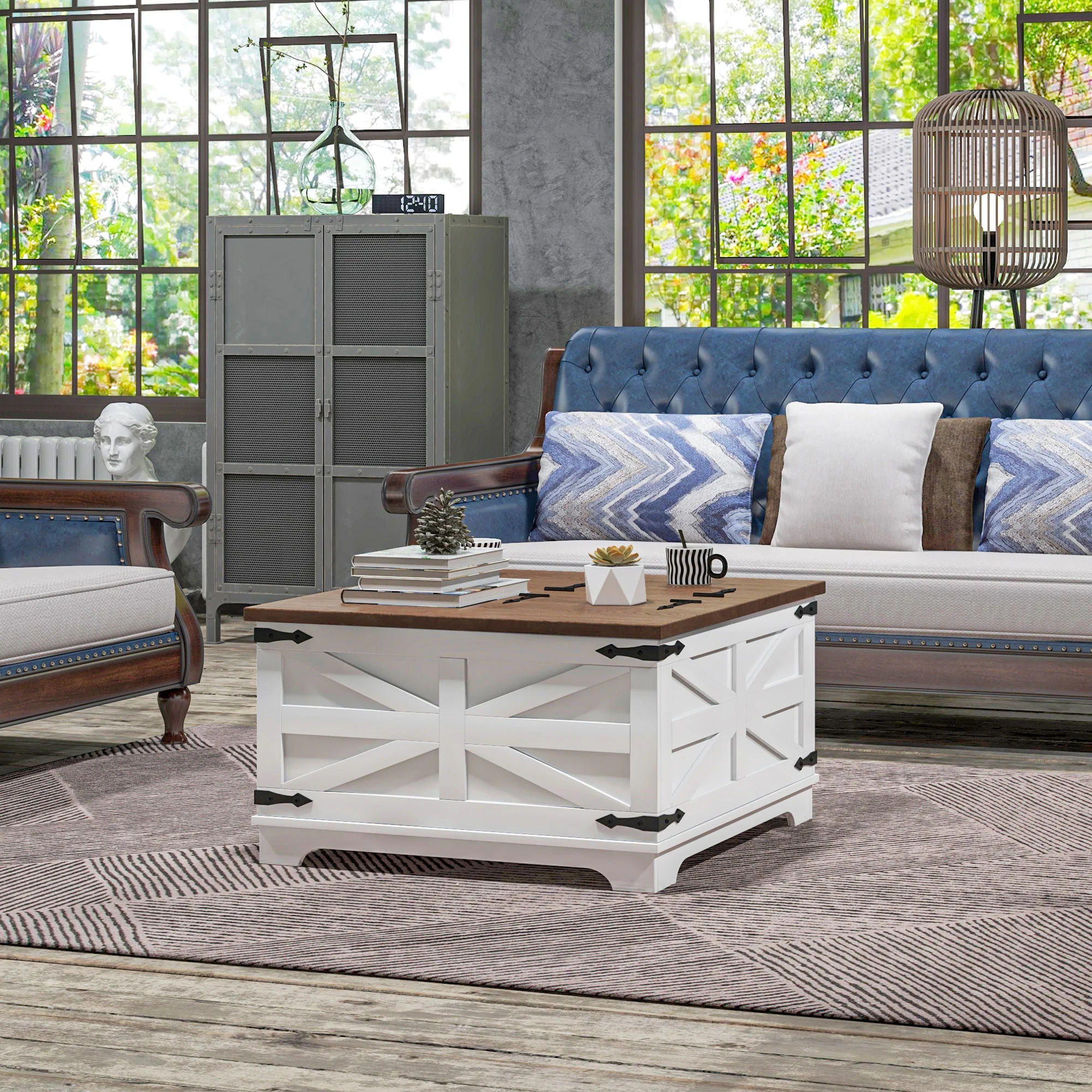 Farmhouse Coffee Table with Hinged Lift Top Hidden Storage Compartment, White - Image 3