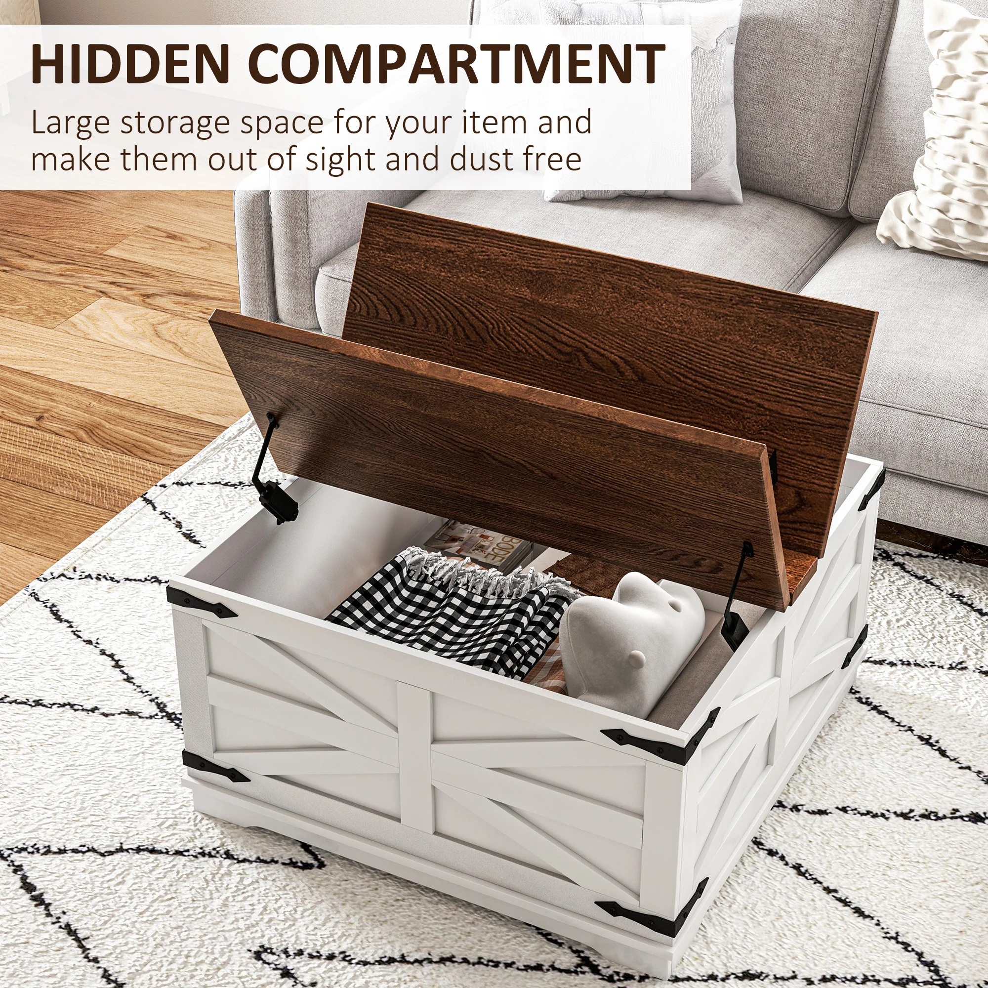 Farmhouse Coffee Table with Hinged Lift Top Hidden Storage Compartment, White - Image 6