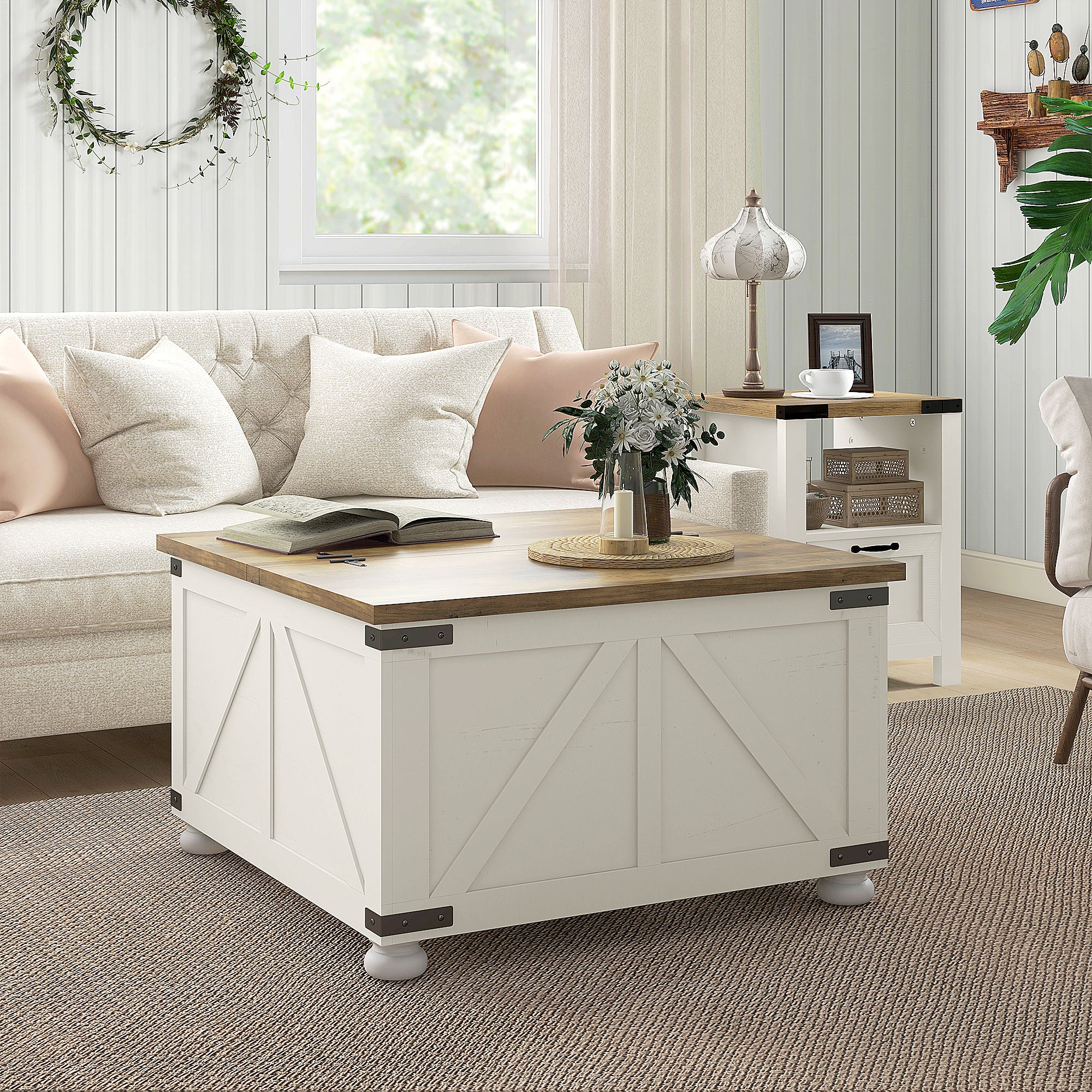 Farmhouse Coffee Table with Storage Large Square Wooden Center Table White - Image 8