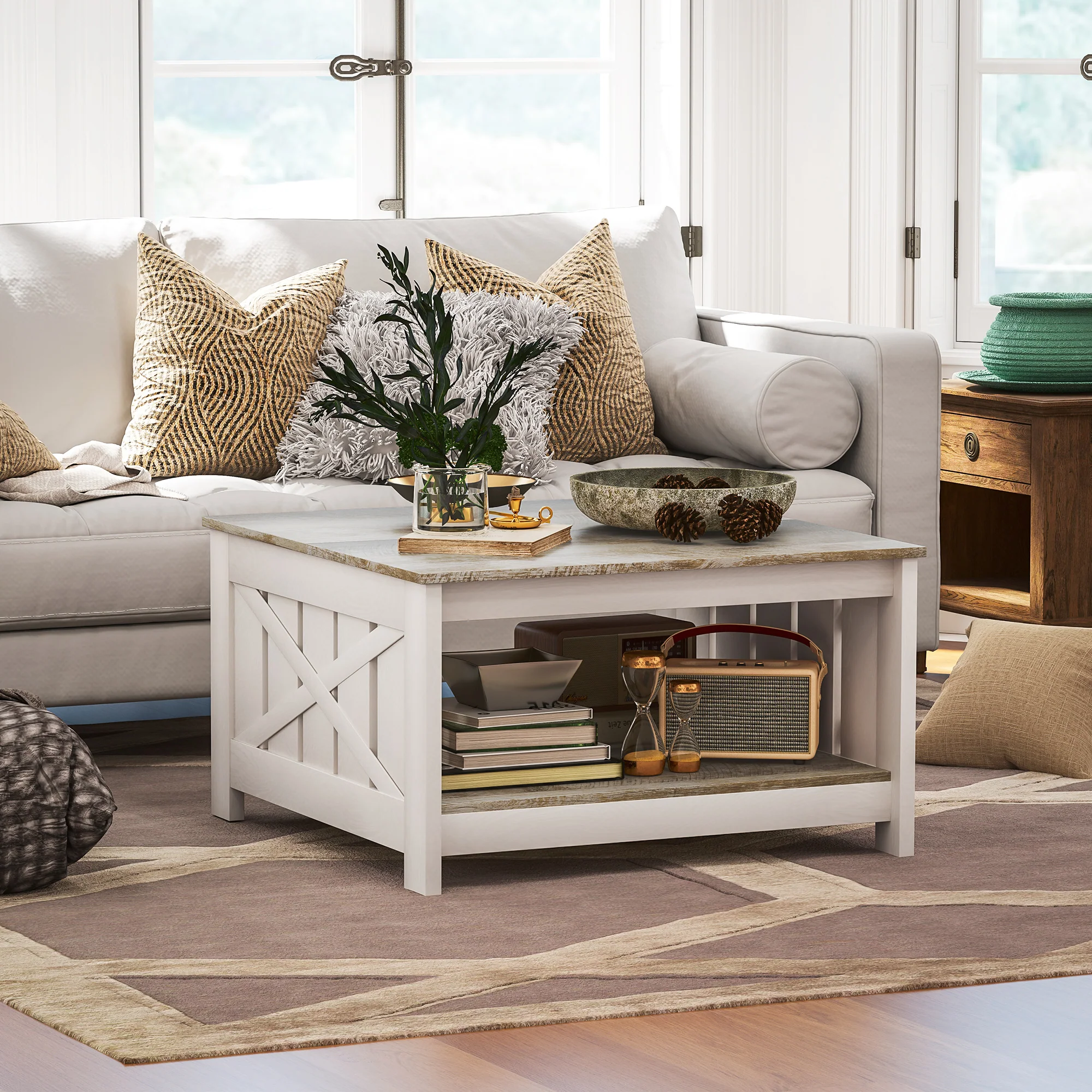 34. Farmhouse Coffee Table with Storage Shelf 31.5" Distressed Oak - Image 9