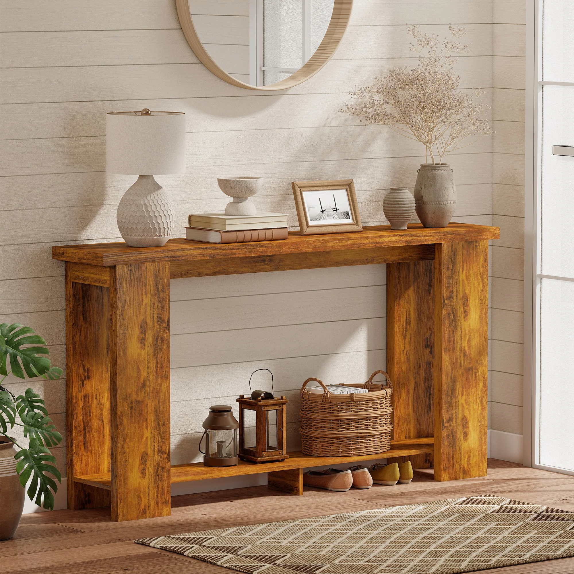 63" Farmhouse Console Table with Storage Shelf and Thickened Top, Distressed Brown - Image 3