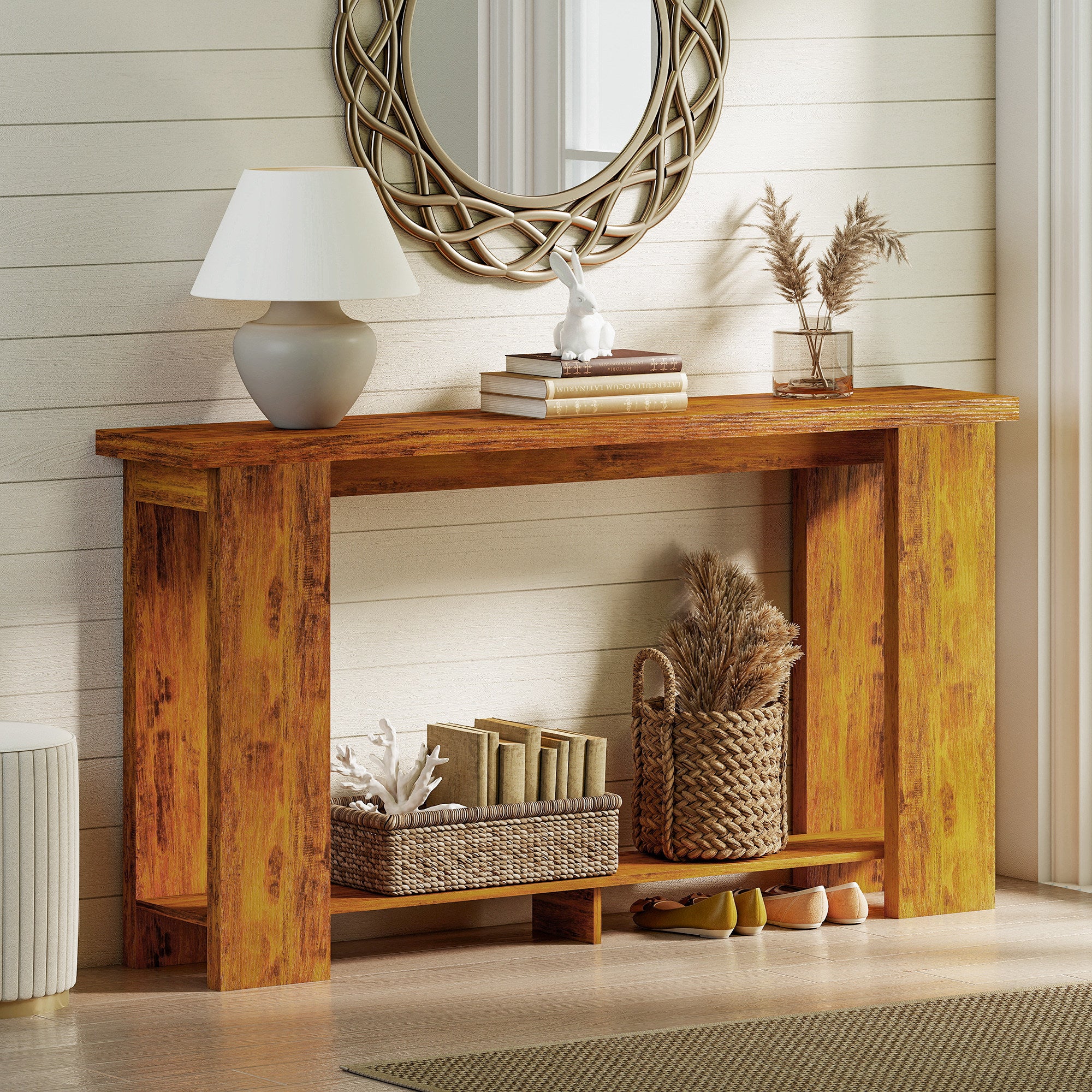 63" Farmhouse Console Table with Storage Shelf and Thickened Top, Distressed Brown - Image 8