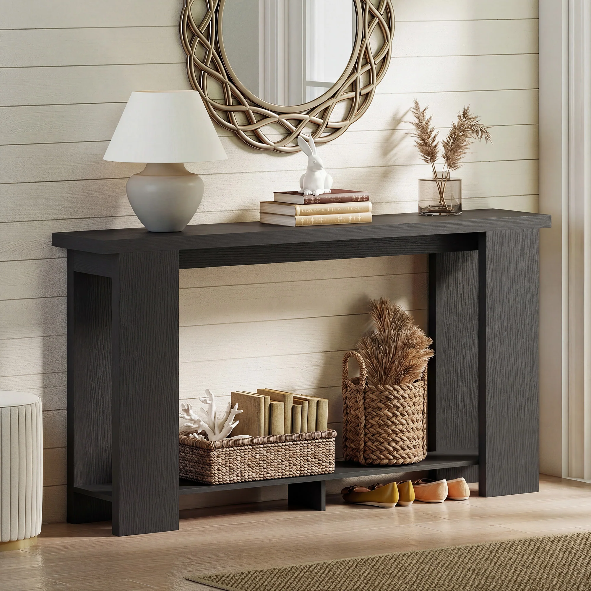 63" Farmhouse Console Table with Storage Shelf and Thickened Top, Distressed Black - Image 8