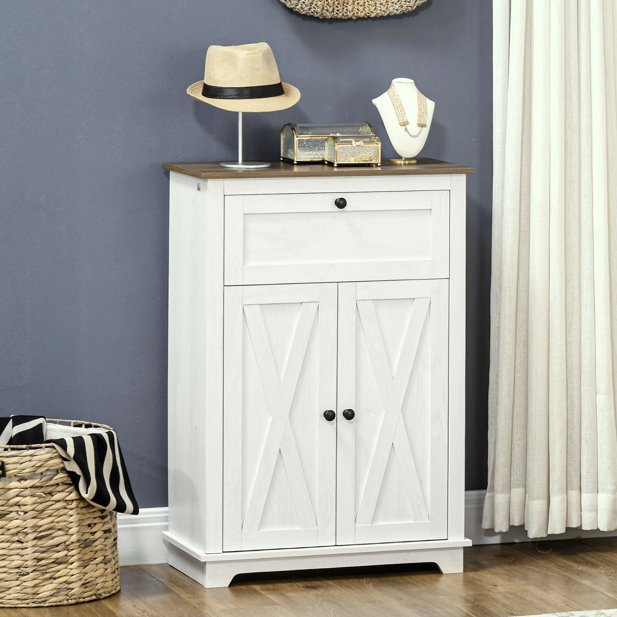 Farmhouse Sideboard Storage Cabinet with Doors and Drawer, 23.5"x11.75"x34.5", White - Image 3