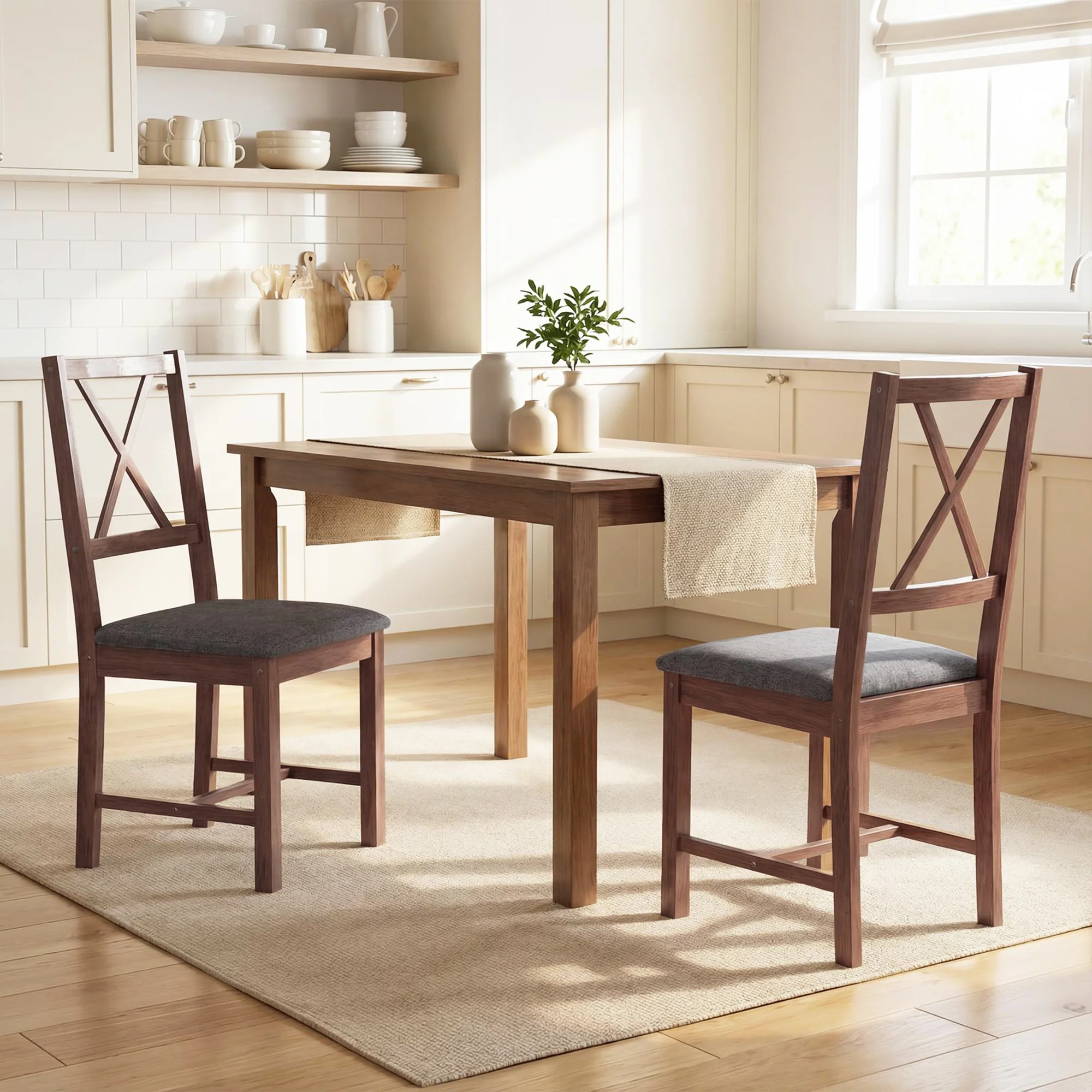 Set of 2 Upholstered X-Back Farmhouse Dining Chairs w/ Padded Seat & Rubberwood Legs, Gray - Image 3