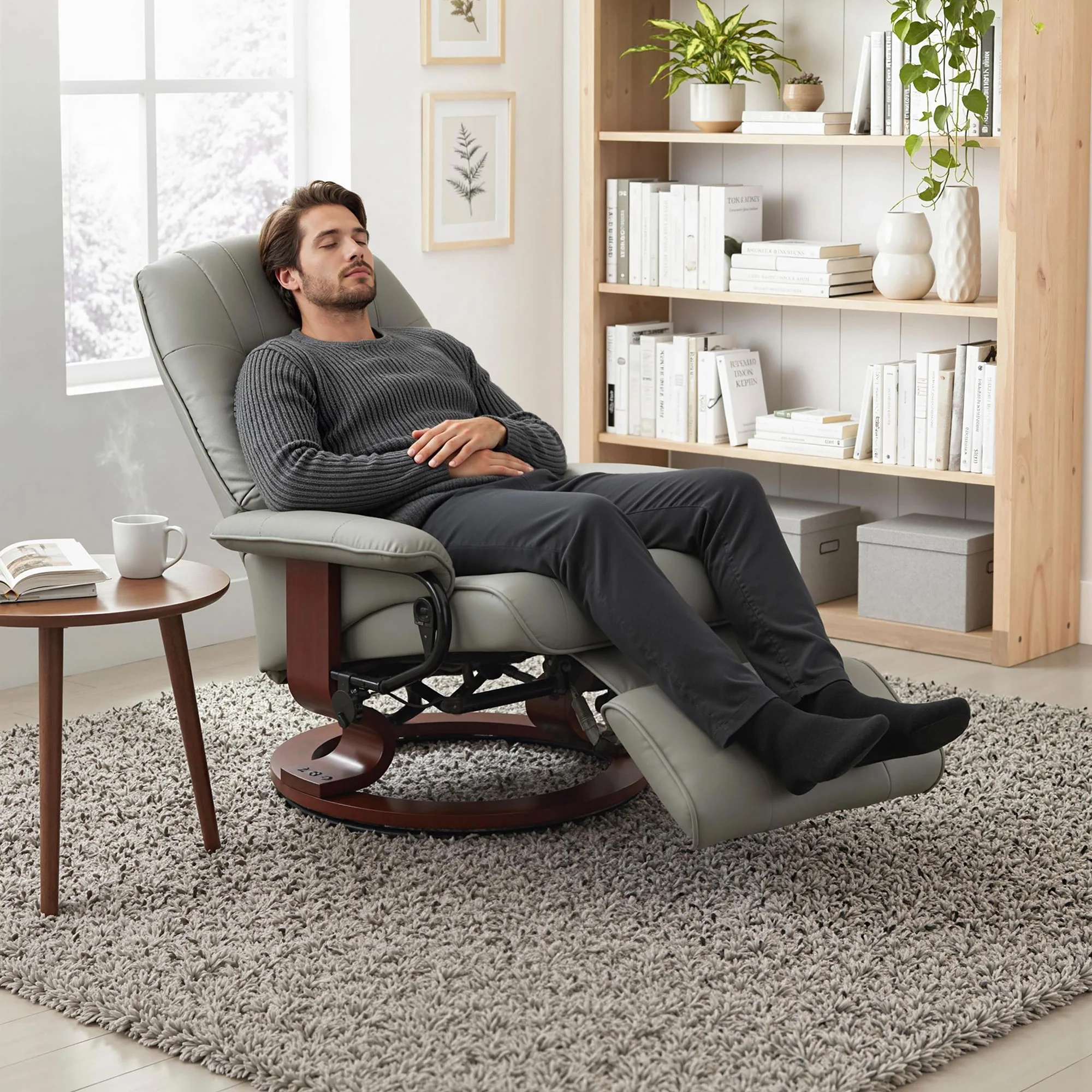 EaseRest Faux Leather Recliner Chair, Swivel Recliner w/ Footrest, Armrest & Wood Base, Gray - Image 3