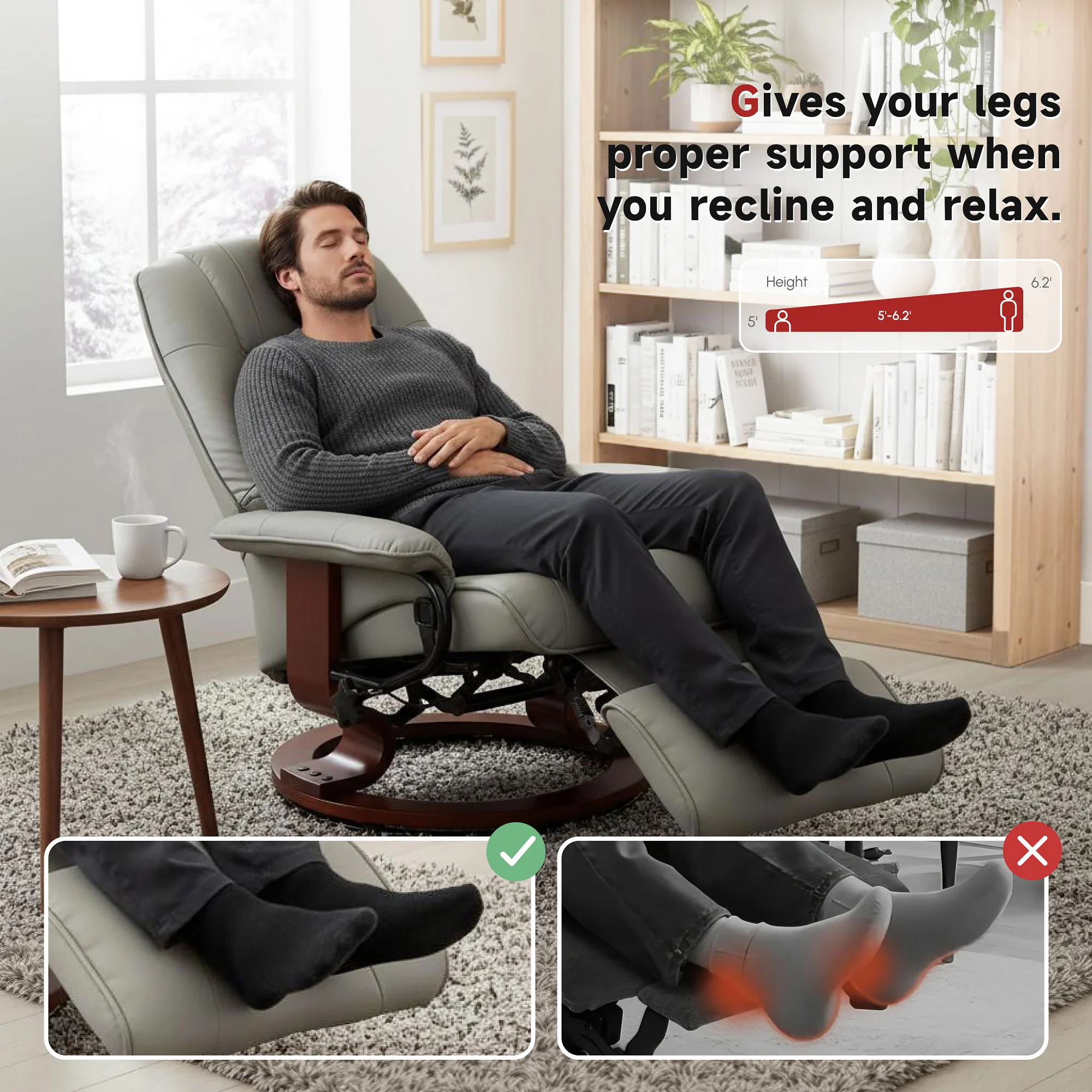 EaseRest Faux Leather Recliner Chair, Swivel Recliner w/ Footrest, Armrest & Wood Base, Gray - Image 8