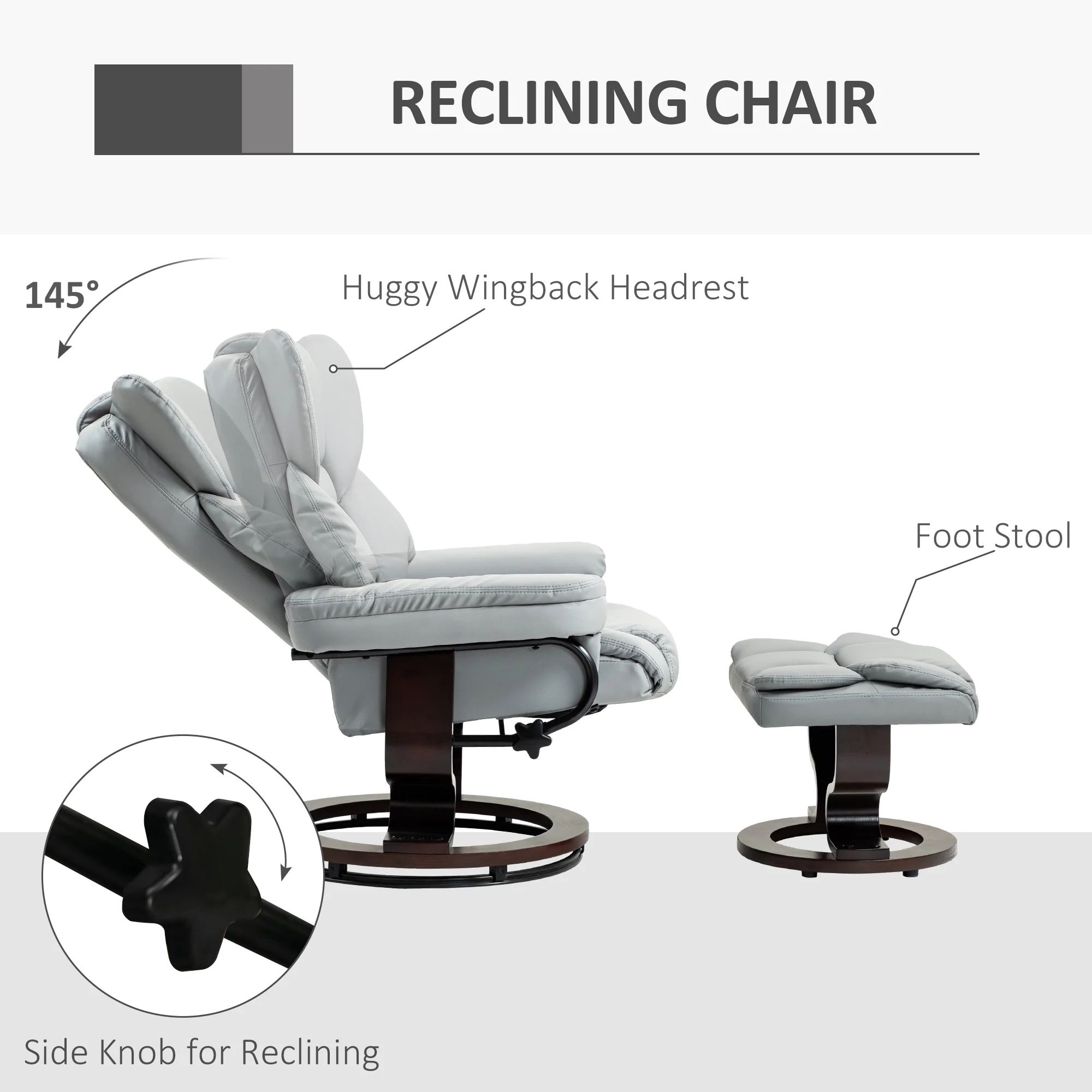 Faux Leather Swivel Recliner Chair and Footstool with Solid Wood Base, Light Grey - Image 6
